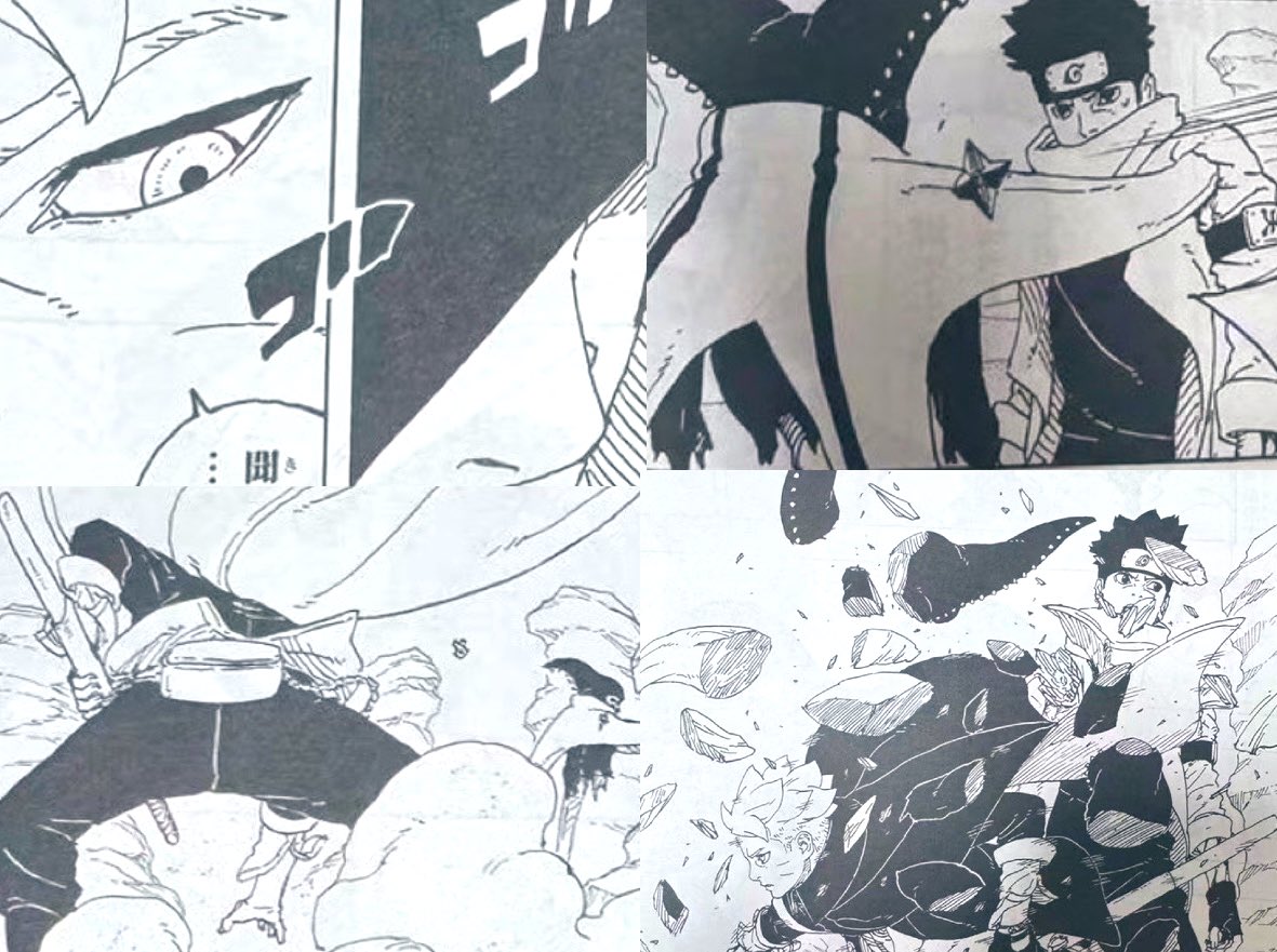 CaseeBlaine's tweet photo. Boruto speed is insane he went from literally talking with koji mid convo then next panel u see a shuriken behind matsuri he then speedblitz to the point Konohamaru is still looking in the opposite direction  all this fuckn shit in under 40 seconds💀🔥🔥 #BorutoTwoBlueVortexCh21 https://t.co/Qz1yH5lfni