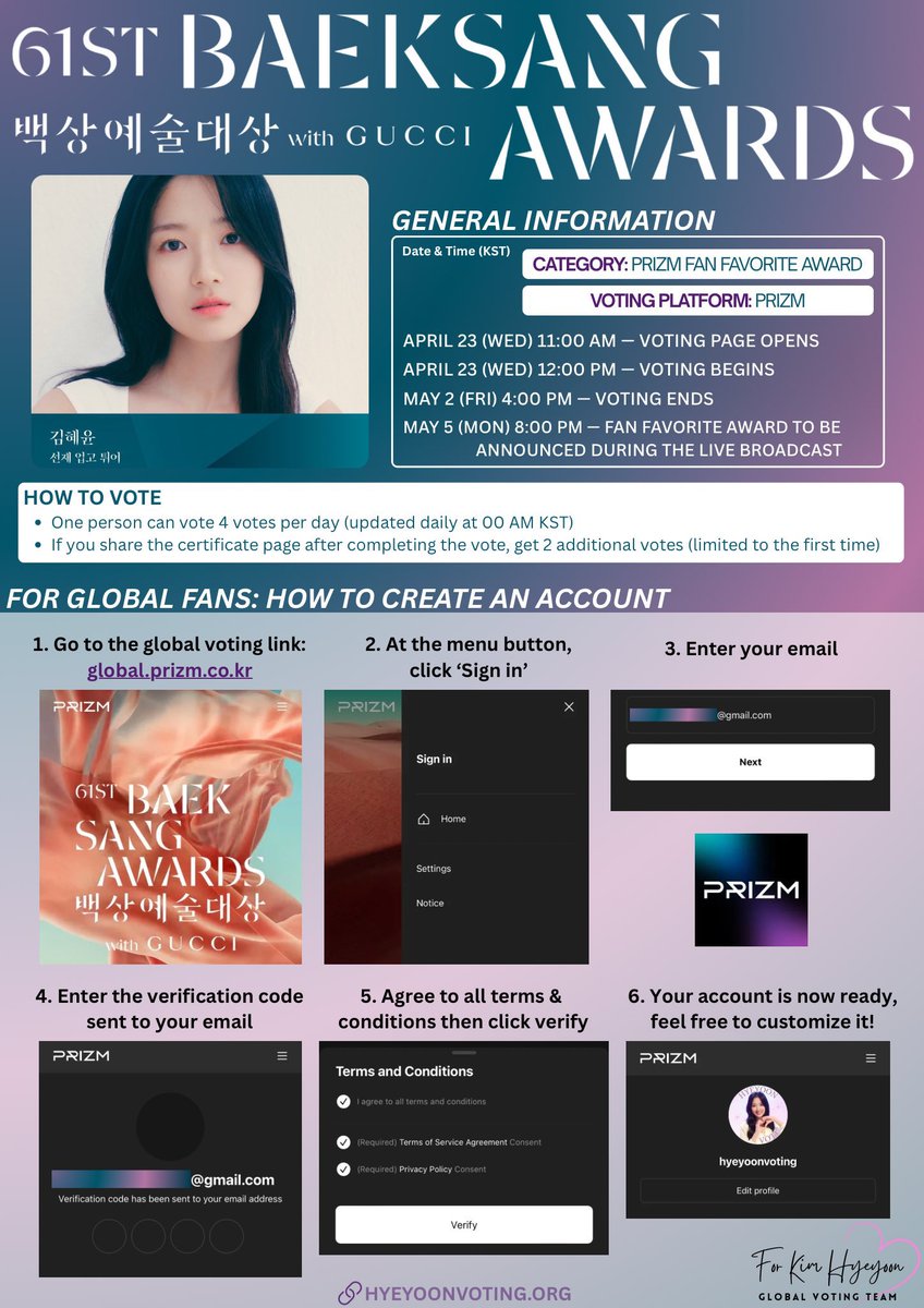 hyeyoonvoting's tweet photo. 📣 Voting Collab: hyeyoonvoting x uniszone

#KimHyeYoon #김혜윤 #キムヘユン 
#KimHyeYoon_Baeksang2025

Here’s a tutorial guide on how to create prizm account and how to vote for Show Champion pre-vote! 🩷🩵

UNIS team will vote at https://t.co/Oq7UMHlI6J once Baeksang voting opens. You may start creating accounts now! Thank you 🫶🏻

For more voting info, kindly check https://t.co/2lMxeVeP4Y