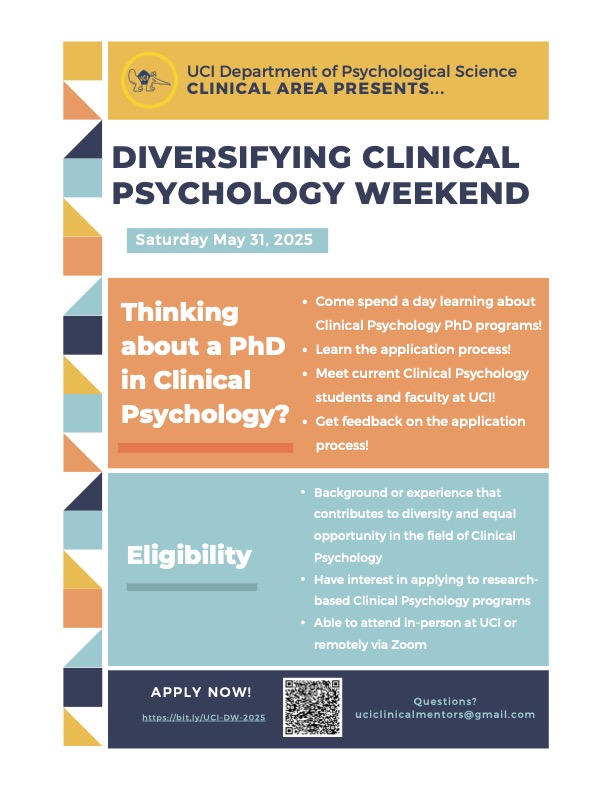 El_GioRamos's tweet photo. UCI is hosting its annual Diversifying Clinical Psych Weekend. This program aims to support underrepresented students in pursuing PhDs in Clinical Psychology. 
Apps open now until 4/25! 
btRs://bit.ly/VCI-DW-2025 https://t.co/VLvMn8PG3J