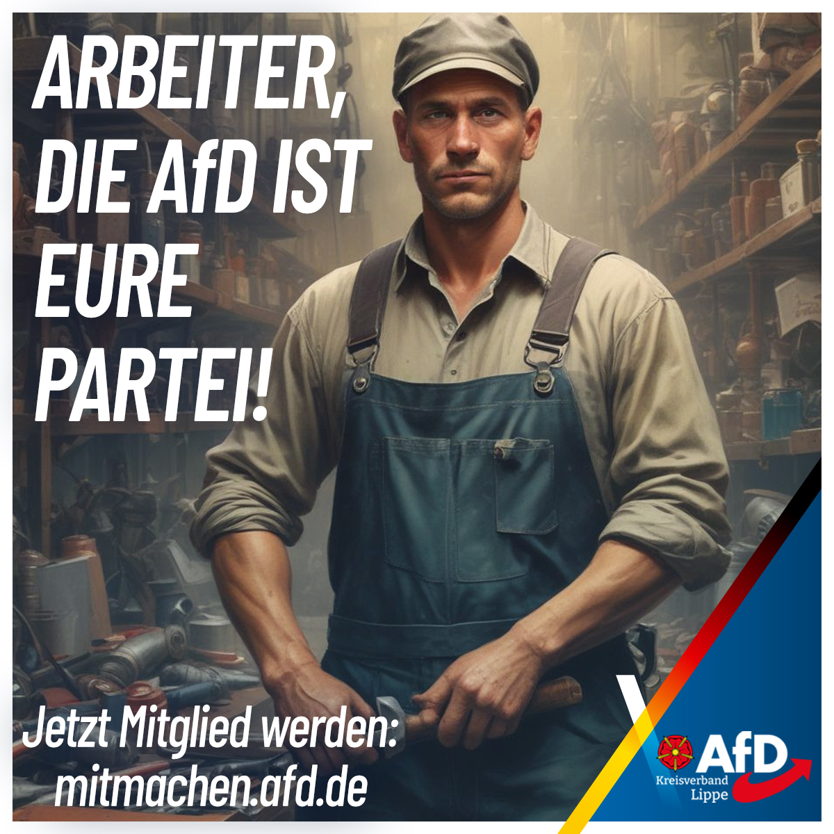 afd_kreis_lippe's tweet photo. #1Mai – #TagderArbeit 🇩🇪

Dieser Tag gehört nicht den Funktionären &amp; Ideologen –
er gehört den Arbeitern, Müttern, Handwerkern &amp; Schaffenden unseres Volkes.

Die AfD steht für gerechte Löhne, sichere Renten &amp; soziale Gerechtigkeit – für die, die Deutschland wirklich tragen! 🇩🇪 https://t.co/vYhUlZpd9V