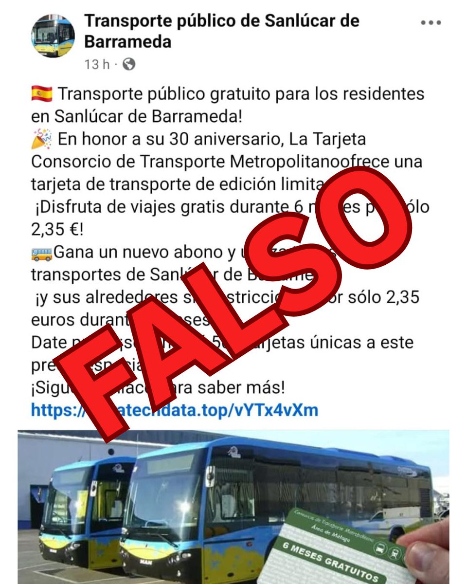 AytoSanlucar's tweet photo. ⚠️Este mensaje que circula por las redes sociales es FALSO.

❌ No abras el enlace que incluye. No facilites tus datos personales ni bancarios.

📢Si ves esta publicación, denuncia el perfil y el contenido de inmediato. Entre todos y todas podemos frenar estos intentos de engaño. https://t.co/JefZGxd82o