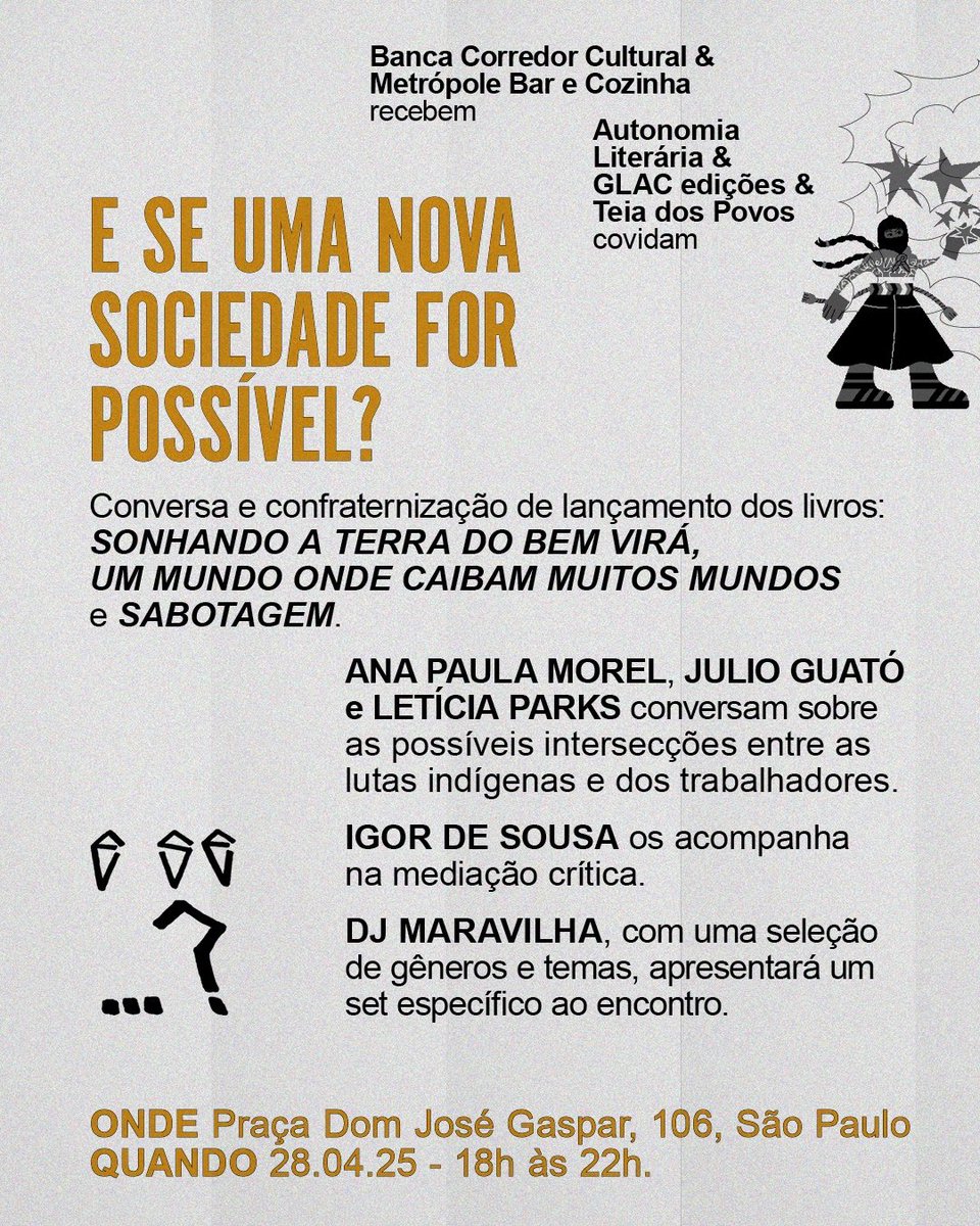 glacedicoes's tweet photo. 'E SE...?' chegou! 
28.04 às 18h

Vamos ocupar, mais uma vez, o espaco intermediário da cidade, a praça entre a @bancacorredor e o Metrópole Bar &amp; Cozinha.

Com Ana Paula Morel @JulioGuato @letparks Igor de Sousa e DJ Maravilha
Em parceria com @AutonomiaLiter2
e @teiadospovos https://t.co/xJH5f75vjk