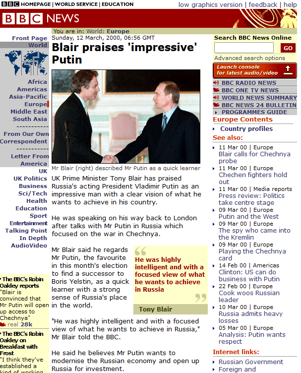 <a href="/FredThomasUK/">Fred Thomas MP</a> When Putin was acting president Grozny was besieged &amp; the UN called it the most destroyed city on earth. While Corbyn protested against the brutal war, Blair was praising Putin as an impressive man with a clear vision

Still, dont let the facts get in the way of a good smear, eh?