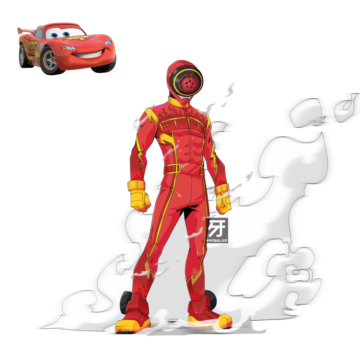 Fangelion's tweet photo. Boon Lightning 

Lightning McQueen as Boonboomger 

and introducing my new watermark 😌

#lightningmcqueen
#Boonboomger
#BakuageSentaiBoonboomger
#Fanarts https://t.co/7SLZpO16Iw