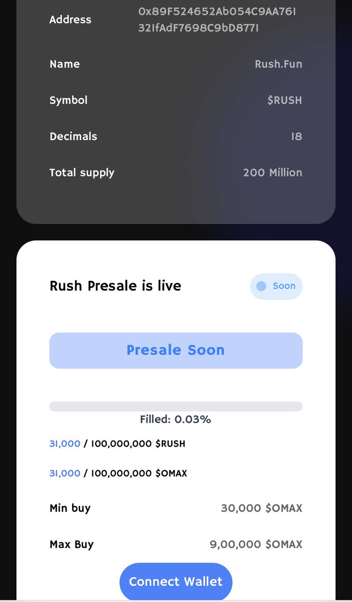 RUSH . FUN ~ MULTICHAIN ECOSYSTEM (@rushfunonloopch) on Twitter photo RUSH presale is live now 
Soft cap - 10,000,000 Omax 
Hard cap - 100,000,000 Omax 
Min buy - 30,000 Omax 
Max buy - 9,000,000 Omax 
Presale link - rushloop.fun/presale
Rush -  @RushFunEcosystem
<a href="/omaxchain/">OMAX COIN</a> <a href="/Omaxbull/">Bull.OMX 🐋</a> <a href="/OmaxWhale/">OMAX Whale 🐳🐋</a> #Omax #Rush #presale RUSH presale is live now 
Soft cap - 10,000,000 Omax 
Hard cap - 100,000,000 Omax 
Min buy - 30,000 Omax 
Max buy - 9,000,000 Omax 
Presale link - rushloop.fun/presale
Rush -  @RushFunEcosystem
<a href="/omaxchain/">OMAX COIN</a> <a href="/Omaxbull/">Bull.OMX 🐋</a> <a href="/OmaxWhale/">OMAX Whale 🐳🐋</a> #Omax #Rush #presale