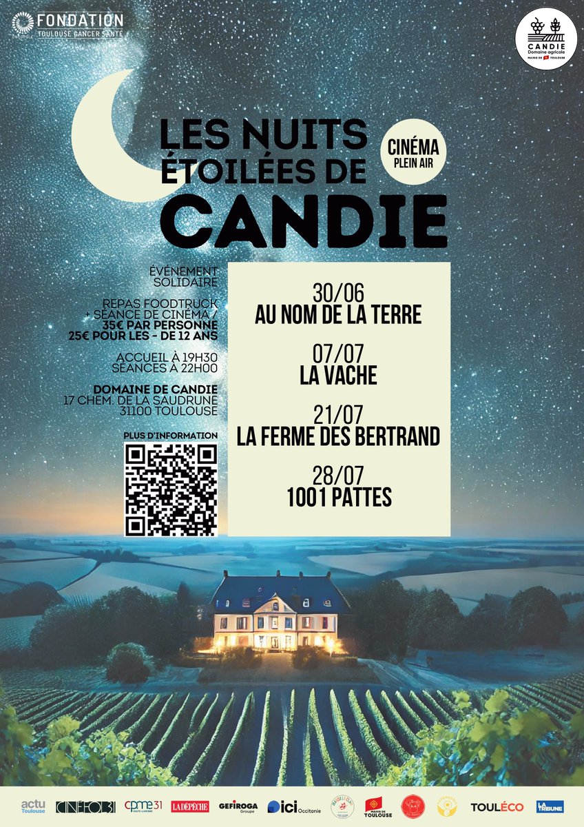 CPME31 (@cpme31) on Twitter photo ✨ La #CPME31 partenaire des Nuits Étoilées du Domaine de #Candie !
📅 Rdv le 30/06 • 07/07 • 21/07 • 28/07
Des séances de cinéma en plein air au profit de la <a href="/ToulouseCancer/">Fondation Toulouse Cancer Santé</a> et du bien manger pour les écoliers toulousains
🎟️ Réservation sur billetweb.fr/les-nuits-etoi… ✨ La #CPME31 partenaire des Nuits Étoilées du Domaine de #Candie !
📅 Rdv le 30/06 • 07/07 • 21/07 • 28/07
Des séances de cinéma en plein air au profit de la <a href="/ToulouseCancer/">Fondation Toulouse Cancer Santé</a> et du bien manger pour les écoliers toulousains
🎟️ Réservation sur billetweb.fr/les-nuits-etoi…