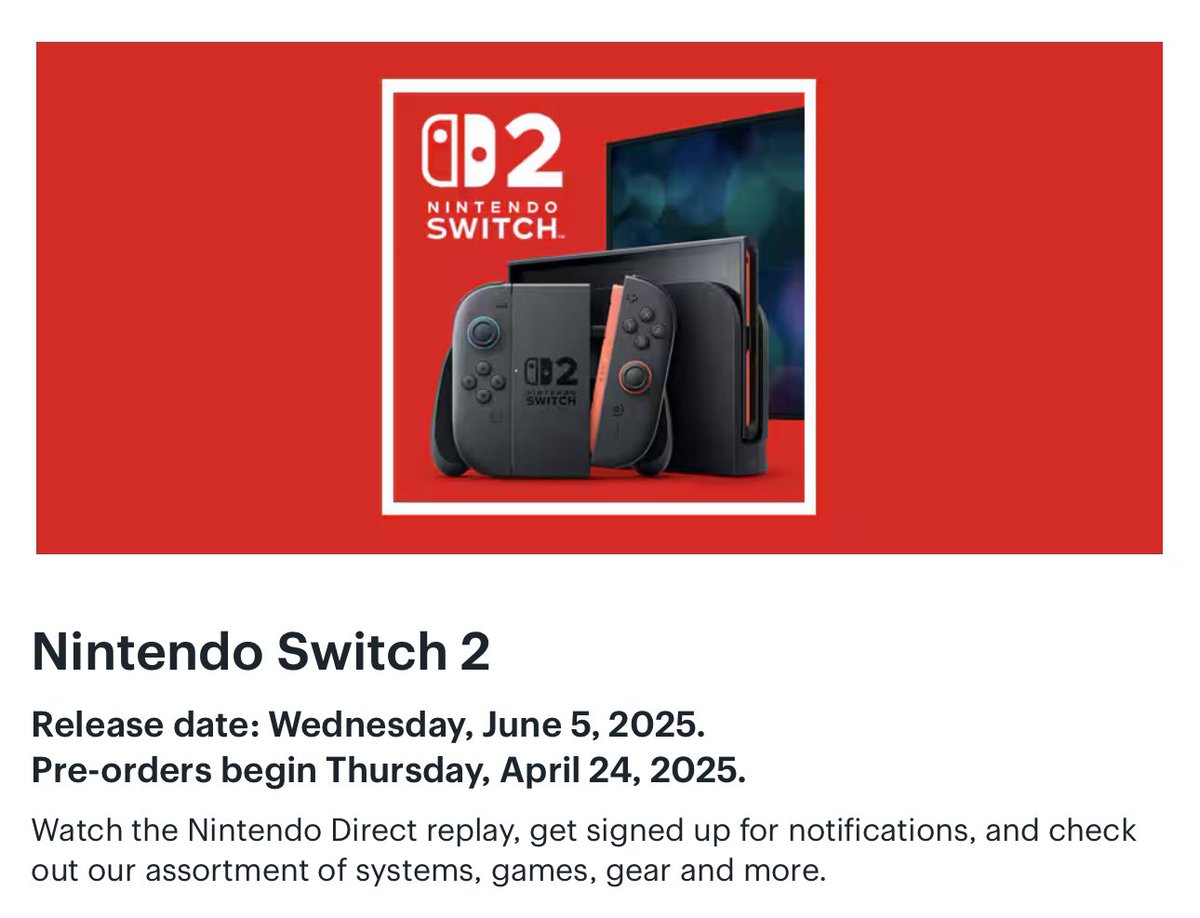 LordOfRestocks's tweet photo. 🗣️ Nintendo Switch 2 Preorders Will Begin Thursday, April 24th Across Eligible US Retailers.

🔔 Keep Notifications On For Instant Alerts On Nintendo Switch 2 Availability. Make Sure You Are Signed In To Your Accounts Across Retailers, And We’ll Do The Rest! 🫡 

✍️ Nintendo Switch 2 Product Listings Below:

📺 𝐀𝐁𝐓 𝐄𝐥𝐞𝐜𝐭𝐫𝐨𝐧𝐢𝐜𝐬
👉 Nintendo Switch 2 ($449) - https://t.co/Z8HtQ4CeGH
👉 Nintendo - Switch 2 + MarioKart World Bundle ($499) - https://t.co/W22H6rPJ3a

🏷️ 𝐁𝐞𝐬𝐭 𝐁𝐮𝐲 (Most Best Buy Stores Will Be Open At Midnight On June 5th To Instantly Pickup Preorders)
👉 Nintendo Switch 2 ($449) - https://t.co/wb4Vx4KGtL
👉  Nintendo - Switch 2 + MarioKart World Bundle ($499) - https://t.co/TwgQKYBR1U

🎮 𝐆𝐚𝐦𝐞𝐒𝐭𝐨𝐩
👉 Nintendo Switch 2 ($449) - https://t.co/oCzVc7Acoz
👉 Nintendo - Switch 2 + MarioKart World Bundle ($499) - https://t.co/xUB5gyObAA

🎮 𝐒𝐚𝐦’𝐬 𝐂𝐥𝐮𝐛
👉 Nintendo Switch 2 (Not Loaded In) - https://t.co/yexQIQtuBD
👉 Nintendo - Switch 2 + MarioKart World Bundle - https://t.co/vKpJVucxkY

🎯 𝐓𝐚𝐫𝐠𝐞𝐭
👉 Nintendo Switch 2 ($449) - https://t.co/Cf16gn7Bfe
👉 Nintendo - Switch 2 + MarioKart World Bundle ($499) - https://t.co/H2UiutOBdP

🏢 𝐖𝐚𝐥𝐦𝐚𝐫𝐭 (Get Free Delivery By 9am Or Sooner On June 5th When You Preorder With Walmart)
👉 Nintendo Switch 2 ($449) - https://t.co/ssHqrfeUd9
👉 Nintendo - Switch 2 + MarioKart World Bundle ($499) - https://t.co/yYRChdbdGA

⚫️ 𝐀𝐦𝐚𝐳𝐨𝐧
👉 Both Products Don’t Even Exist On The Backend. The Only Link We Have So Far Is A PlaceHolder With No Information - https://t.co/lhK3aCbSYH

🤔 Retailers We Could See Make An Appearance Are Costco, BrandsMartUSA, Verizon, Dell, Kohl’s, Fred Meyer, Meijer, Nebraska Furniture Mart, & BJ’s Wholesale Club.

#LRDeal | #AD