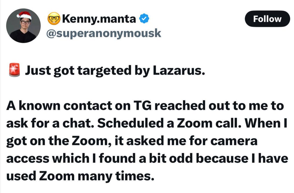 🚨ALERT: Manta Network’s Kenny Li suspects the Lazarus Group tried to target him in a deepfake Zoom attack. 

Hackers used a fake video and pushed a script download before disappearing.