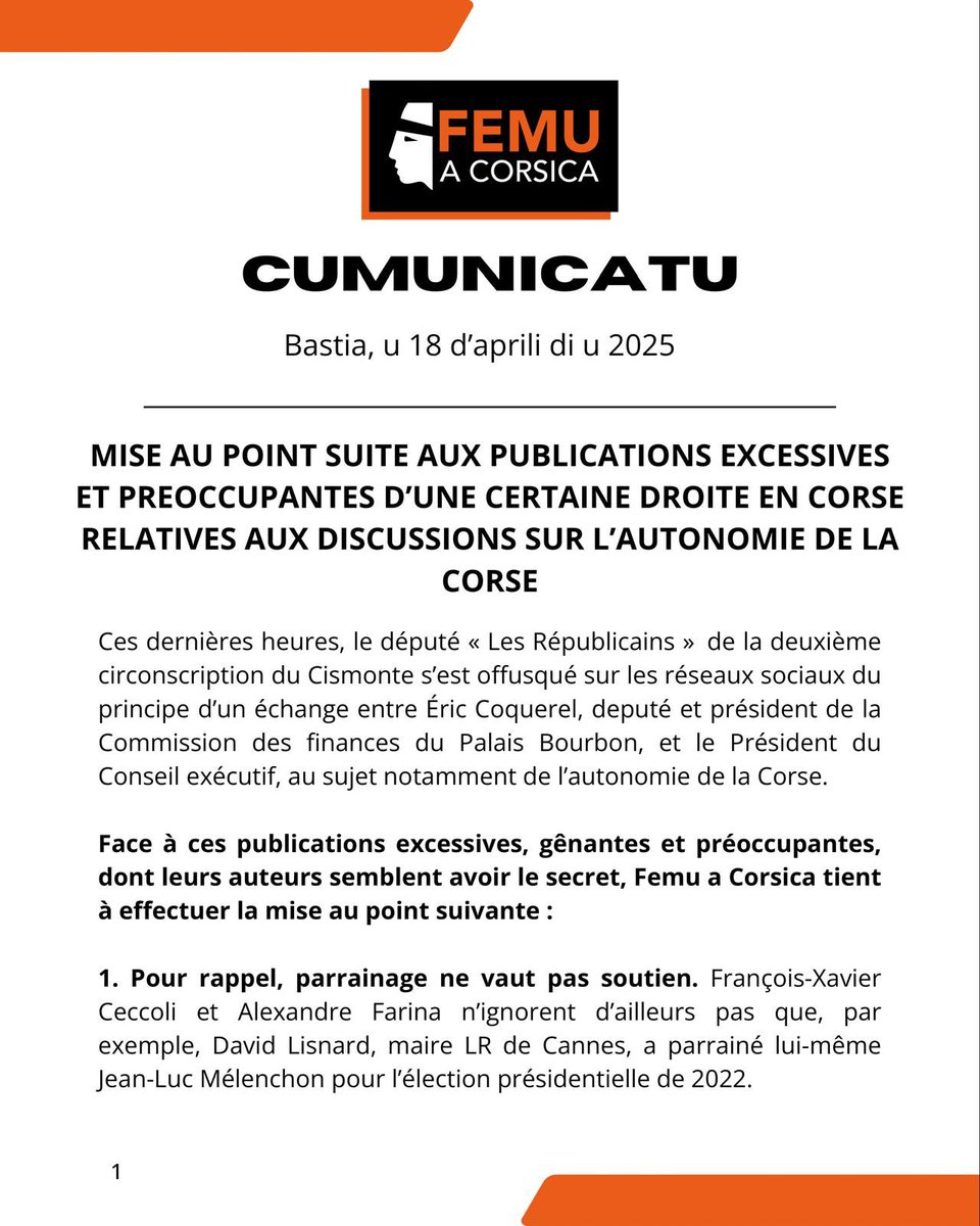 Partitu_FemuAC's tweet photo. 📣 𝐌𝐈𝐒𝐄 𝐀𝐔 𝐏𝐎𝐈𝐍𝐓 𝐒𝐔𝐈𝐓𝐄 𝐀𝐔𝐗 𝐏𝐔𝐁𝐋𝐈𝐂𝐀𝐓𝐈𝐎𝐍𝐒 𝐄𝐗𝐂𝐄𝐒𝐒𝐈𝐕𝐄𝐒 𝐄𝐓 𝐏𝐑𝐄́𝐎𝐂𝐂𝐔𝐏𝐀𝐍𝐓𝐄𝐒 𝐃’𝐔𝐍𝐄 𝐂𝐄𝐑𝐓𝐀𝐈𝐍𝐄 𝐃𝐑𝐎𝐈𝐓𝐄 𝐄𝐍 𝐂𝐎𝐑𝐒𝐄 𝐑𝐄𝐋𝐀𝐓𝐈𝐕𝐄𝐒 𝐀𝐔𝐗 𝐃𝐈𝐒𝐂𝐔𝐒𝐒𝐈𝐎𝐍𝐒 𝐒𝐔𝐑 𝐋’𝐀𝐔𝐓𝐎𝐍𝐎𝐌𝐈𝐄 𝐃𝐄 𝐋𝐀 𝐂𝐎𝐑𝐒𝐄

Ces dernières heures, le député « Les Républicains » de la deuxième circonscription du Cismonte s’est offusqué sur les réseaux sociaux du principe d’un échange entre Éric Coquerel, deputé et président de la Commission des finances du Palais Bourbon, et le Président du Conseil exécutif, au sujet notamment de l’autonomie de la Corse. 

Face à ces publications excessives, gênantes et préoccupantes, dont leurs auteurs semblent avoir le secret, Femu a Corsica tient à effectuer la mise au point suivante. 👇