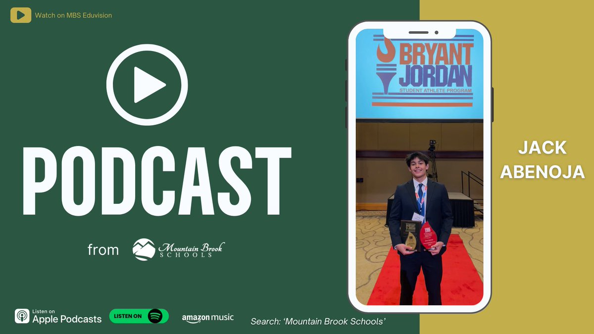 Jack Abenoja, a senior student-athlete at Mountain Brook High School, was named the 6A Larry Striplin Jr. Scholar-Athlete Award Recipient at the AHSAA Banquet in mid-April.

Watch: mbs.eduvision.tv/default?q=X3Y5…

Listen: podcasts.apple.com/us/podcast/mou…