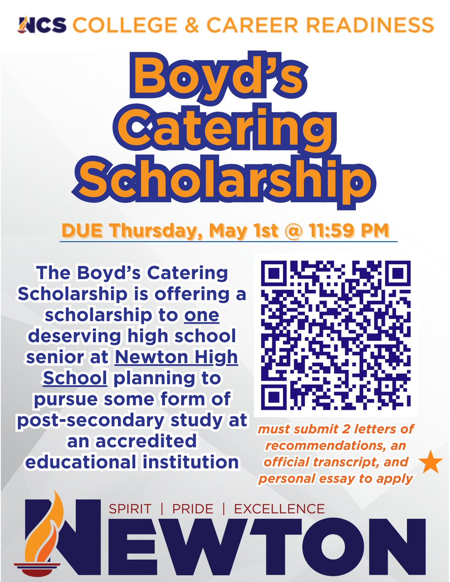 ccr_newton's tweet image. Thinking about college? The Boyd&apos;s Catering Scholarship is here to support one Newton High senior seeking higher education!
Apply before May 1st with your transcript, two rec letters, and a personal essay.
Scan the QR code to get started - your future is waiting!
