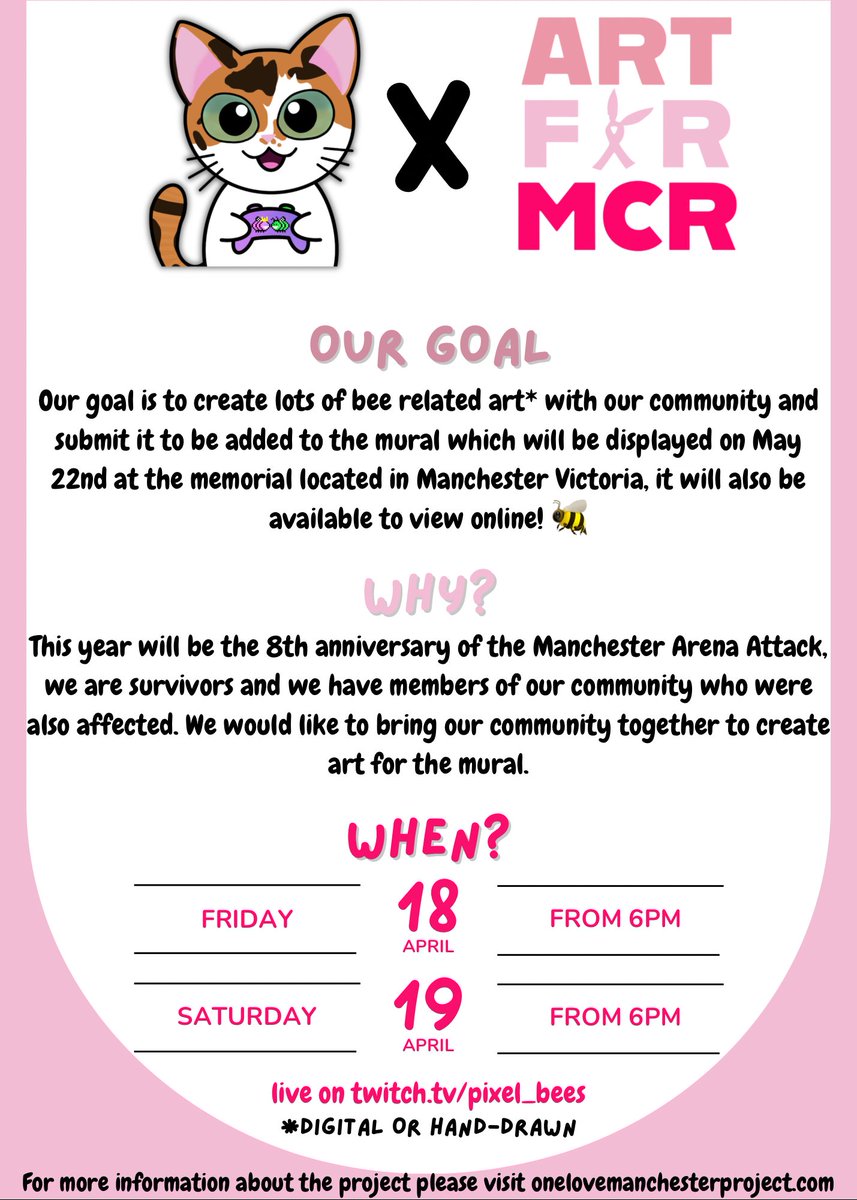 pixel__bees's tweet photo. GET YOUR PENS, PENCILS, IPADS, NOTEPADS, SEWING NEEDLES ETC READY! 

OUR #ART4MCR STREAMS START AT 6PM (BST) TODAY

if you need inspiration here is a pinterest board: https://t.co/Alwospfnmz

here is a reminder of the schedule, info and everything else you need to know! https://t.co/CBBuiaei6b