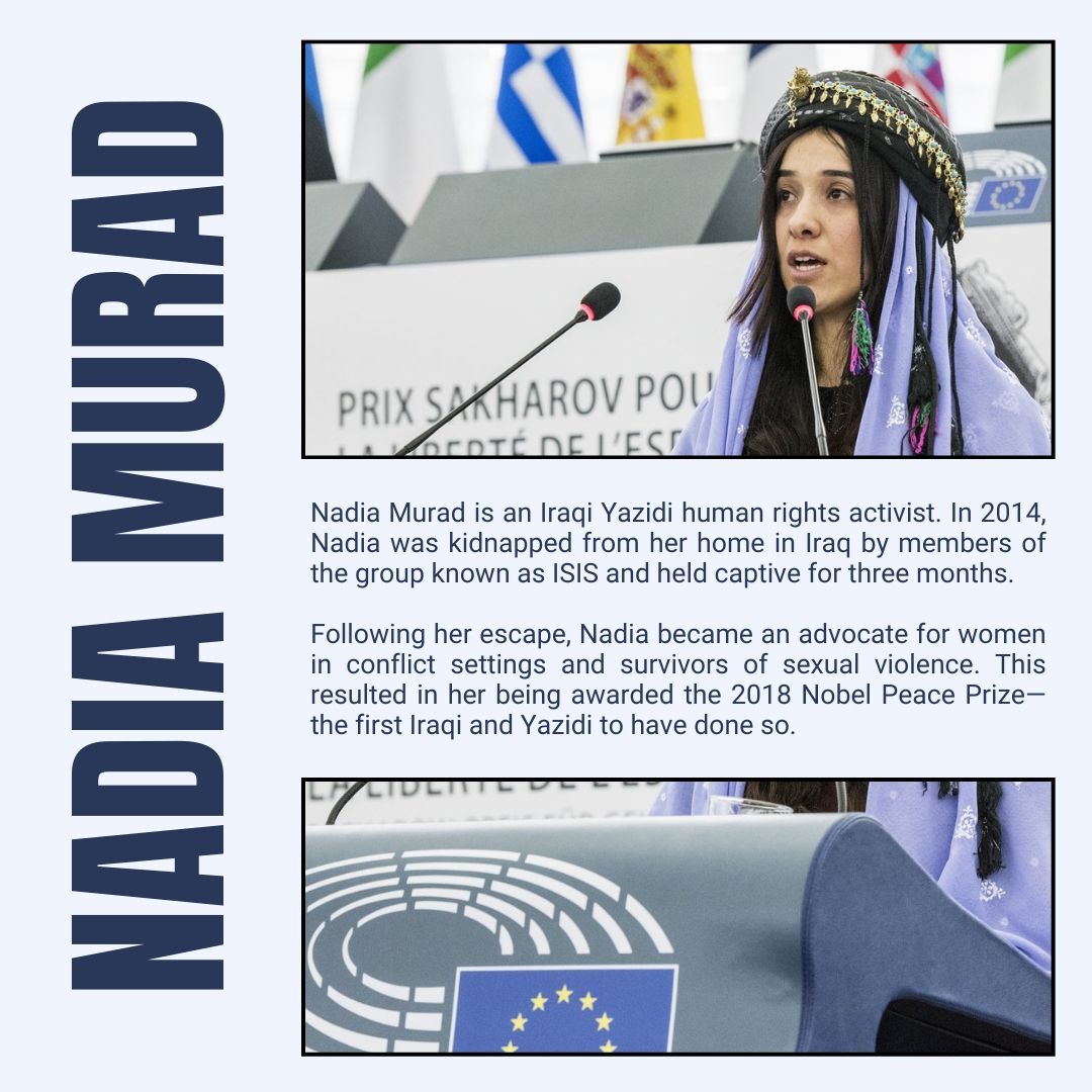GW_WGSS's tweet image. In 2014, Nadia Murad was kidnapped from her home in Iraq by members of the group known as ISIS. Following her escape, Nadia became a powerful advocate for women in conflict settings and survivors of sexual violence. She was awarded the 2018 Nobel Peace Prize.

#wgss #nadiamurad