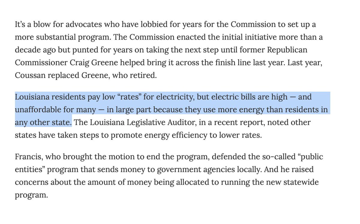 ICYMI: For years, advocates have been working to set up an energy efficiency program in Louisiana, whose residents pay high electric bills because they use more power than any state in the US. 

After finally setting it up last year, regulators abruptly killed it this week