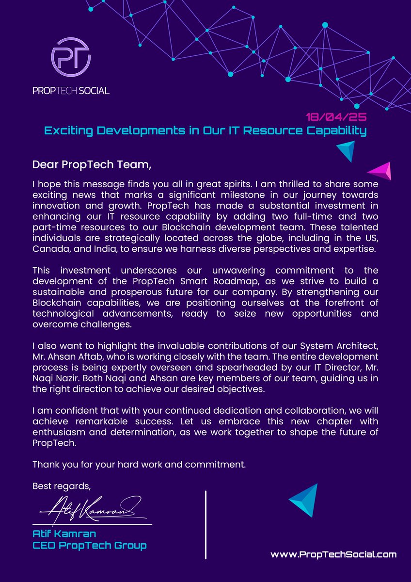 PropTechsocial's tweet image. 🚀 Big news!
PropTech expands its Blockchain team with new global IT talent from the US, Canada &amp;amp; India!
Huge thanks to Ahsan Aftab &amp;amp; Naqi Nazir for leading the charge
Let’s build the future of PropTech!
#Blockchain #PropTechGroup
PropTechSocial.com | PTEK.ai
