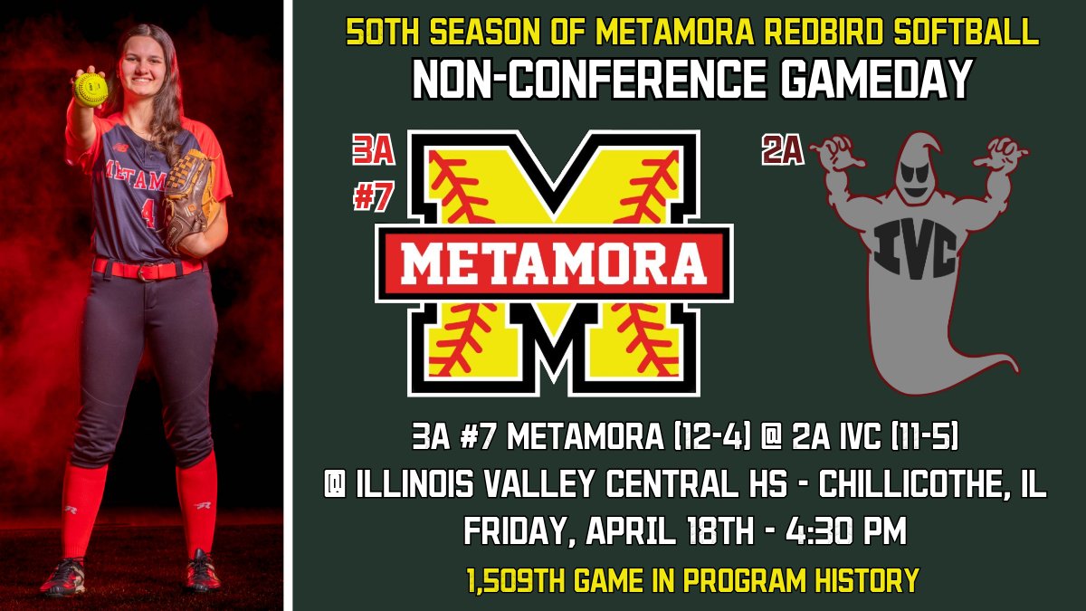 StaabAlex's tweet photo. Short trip across the river today!

🥎 | 3A #7 @SoftballMTHS 
🆚 | 2A IVC
📍 | 1300 W. Sycamore St., Chillicothe
🕰️ | 4:30 PM
☁️ | 75 degrees, cloudy, 35 mph wind gusts RF to LF
📻 | https://t.co/pvkcCrFXkQ
📊 | GameChanger; "Metamora Varsity Redbirds"

#ONE #pjspreps https://t.co/qAyxoqOd0M