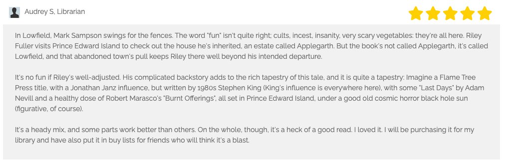 Still waffling about whether to pick up a copy of my new novel, Lowfield? On the fence about coming to the Toronto launch (Sunday, April 27, 1-3pm, at Little Ghosts Books on Dundas W.)? Maybe this reader review will help you make up your mind.