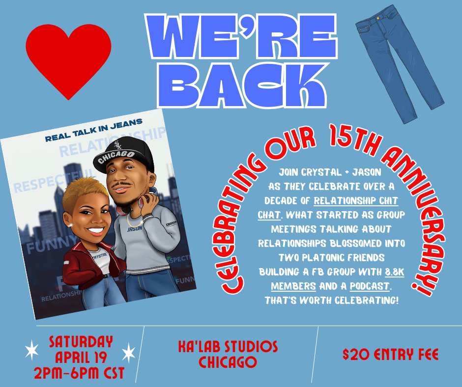 TOMORROW... 4/19/25‼️‼️‼️

JOIN US FOR Real Talk in Jeans' 15TH ANNIVERSARY CELEBRATION ❤️👖❤️👖🎊

*** 2PM - 6PM @ KàLab ***

The LINK to tickets are below, but you can also pay $20(Includes: ENTRY, FOOD, BEVERAGES) at the door.

BYOB... SMOKE FRIENDLY💨‼️eventbrite.com/e/real-talk-in…