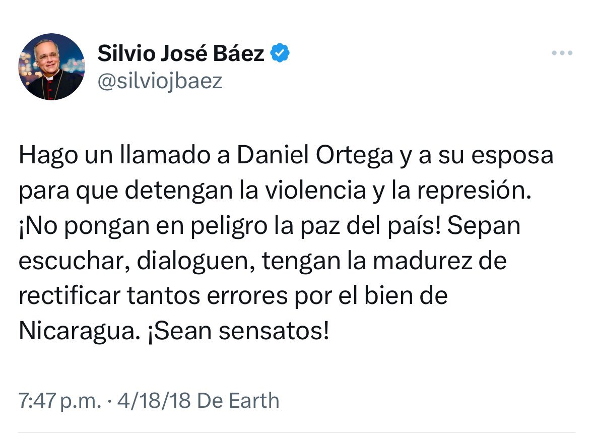 silviojbaez's tweet photo. #Nicaragua. Hace siete años, el 18 de abril de 2018, publiqué este tuit a las 7:47 p.m. Aunque a partir de ese  momento lamentablemente se impuso la violencia y la represión, ese mismo día Nicaragua inició el camino hacia la libertad, la justicia y la democracia. 🇳🇮 https://t.co/d0FxtYTlLo