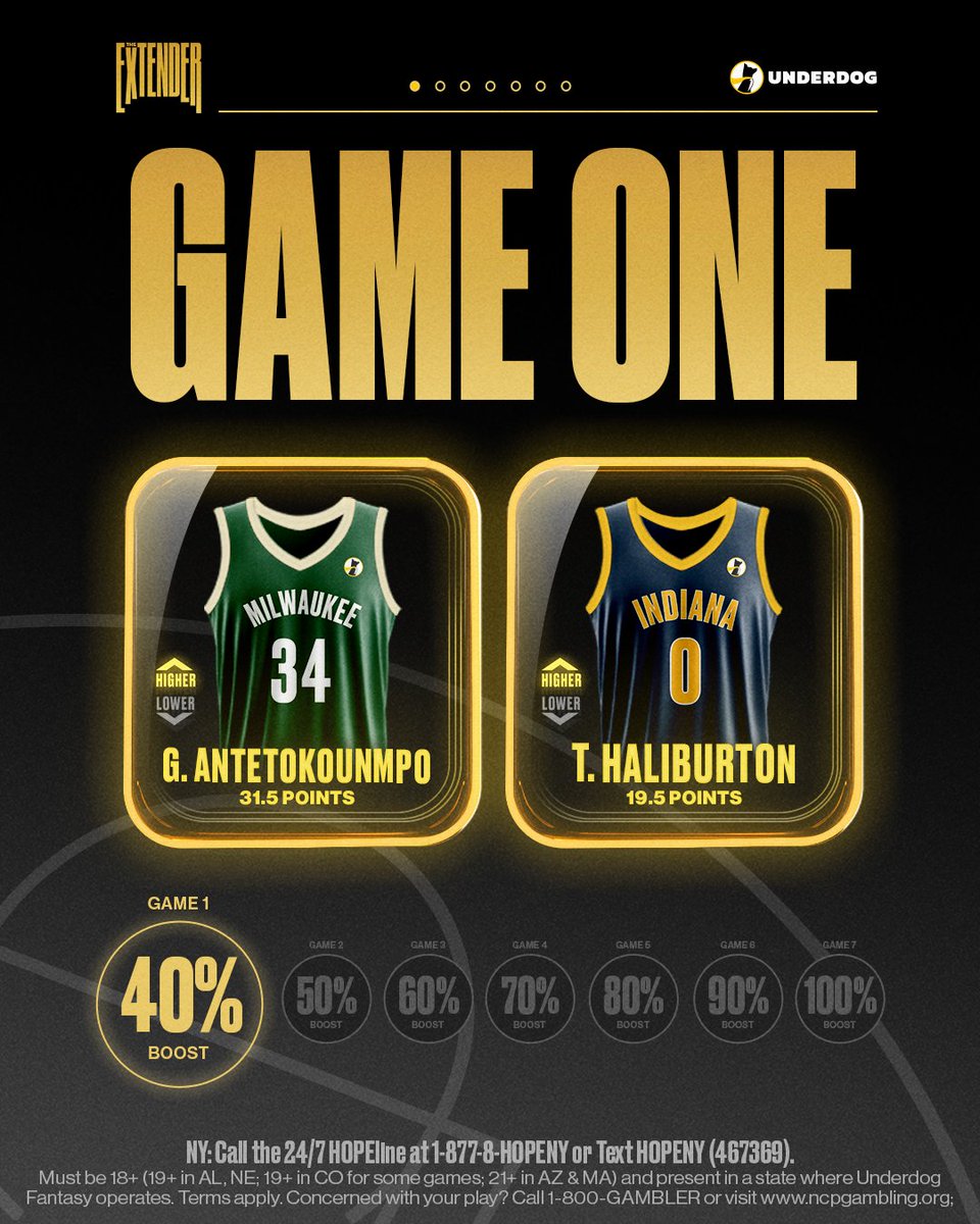 Underdog's tweet photo. The Extender has tipped off 🚀

Don't forget to use your 40% Profit Boost by Sunday!

Remember: You can ONLY unlock your 50% Boost for Game 2 by playing your Game 1 token 👀