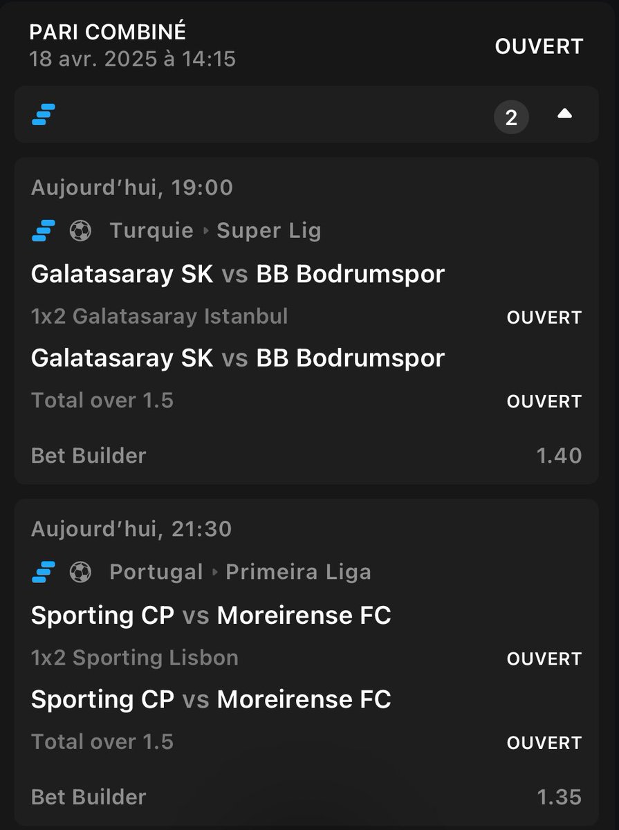 LeGauloisBets's tweet photo. ✅ COMBI SAFE FOOT
1️⃣ Galatasaray gagne + +1.5 buts
2️⃣ Sporting gagne + +1.5 buts
💰 Cote : 1.90 | Mise : 10€ → 19€
On sécurise avec deux solides à domicile.
🔁 RT + ✅ Follow pour les prochains
#LaCoteGauloise #PronosFoot #TeamParieur https://t.co/B9NiLcTD1D