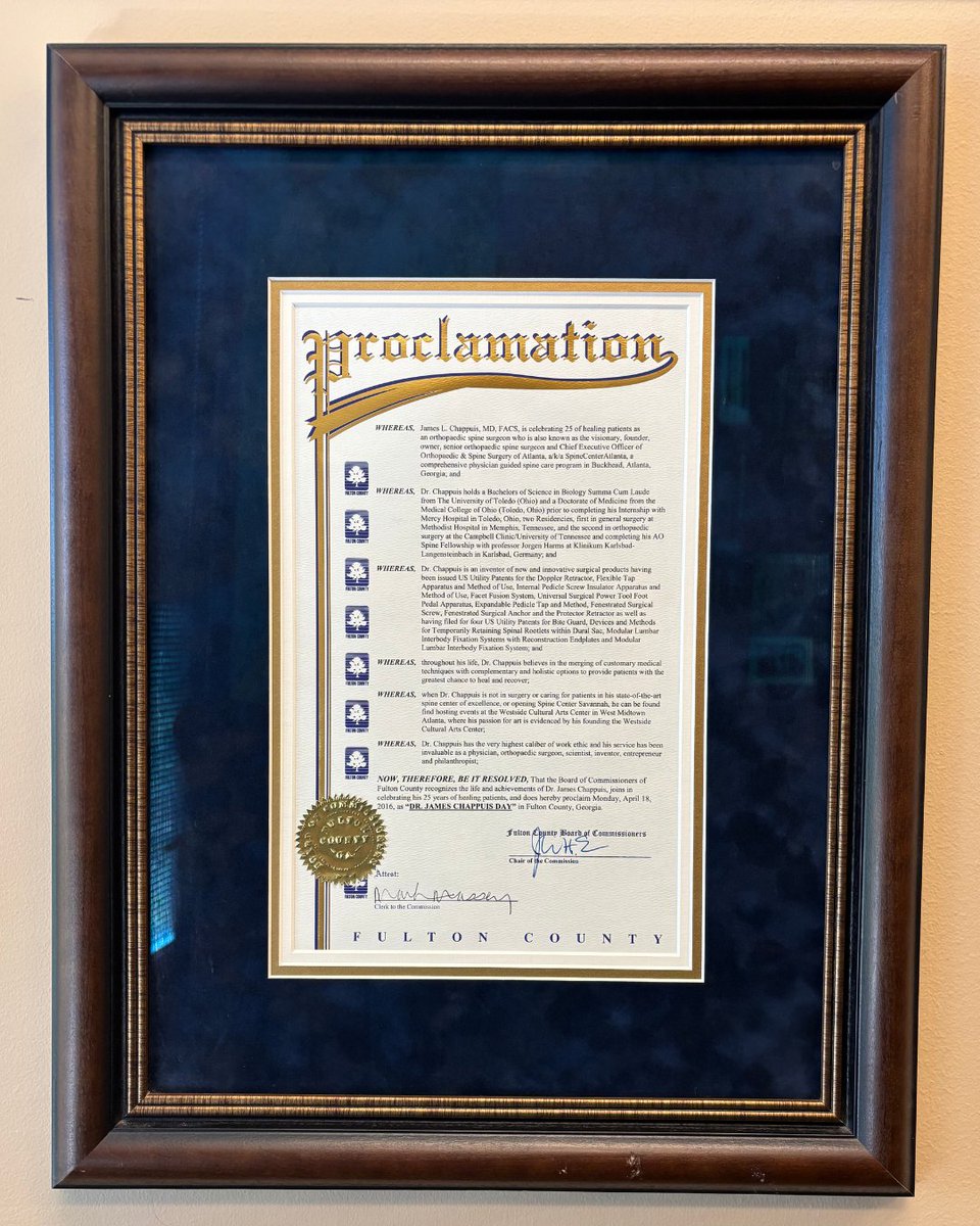 🥼 Happy Doctor Chappuis Day! 🥼

🏆 Today we celebrate 25+ years of innovation and patient care by our founder, <a href="/drjameschappuis/">James Chappuis</a>, as recognized by the Board of Commissioners of Fulton County. He has transformed the field of orthopedic spine surgery through his many passions!
