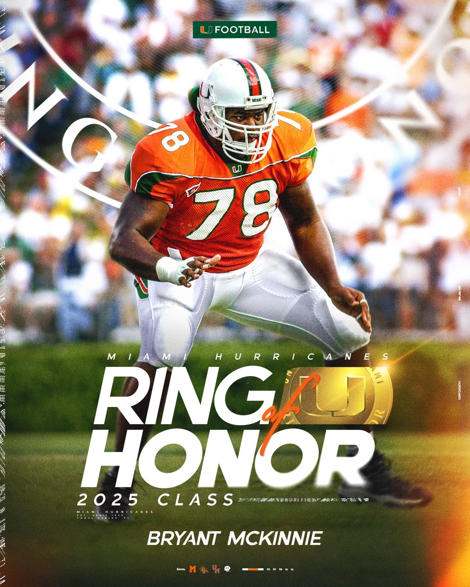I am Honored &amp; Super Excited to announce, I am a member of the Ring of Honor Class of 2025 for the University of Miami. Happy to share this stage with 3 of my teammates Ken Dorsey, Andre Johnson &amp; Dan Morgan. The Ring of Honor serves as the highest honor for Hurricanes.