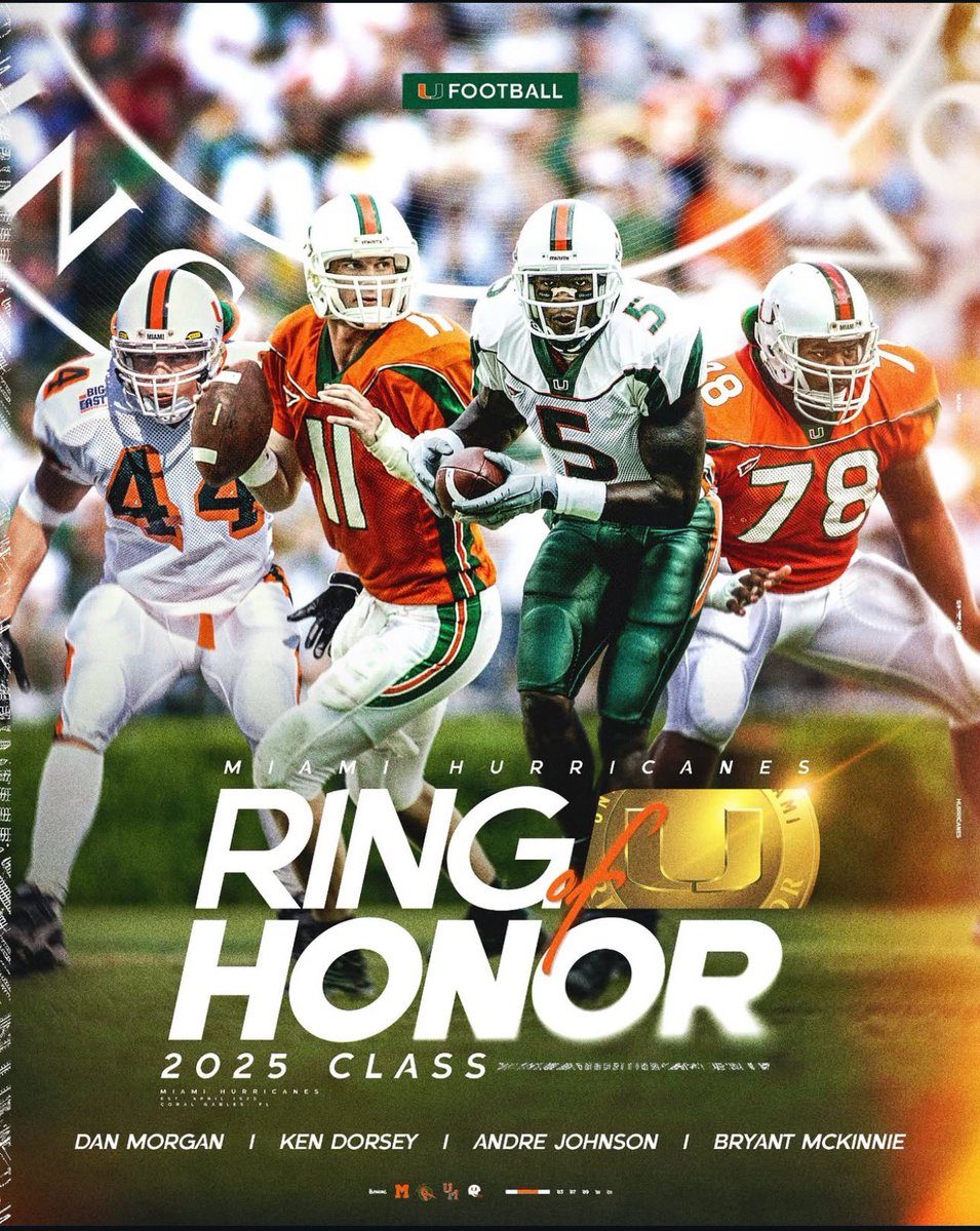 BryantMckinnie's tweet photo. I am Honored & Super Excited to announce, I am a member of the Ring of Honor Class of 2025 for the University of Miami. Happy to share this stage with 3 of my teammates Ken Dorsey, Andre Johnson & Dan Morgan. The Ring of Honor serves as the highest honor for Hurricanes. https://t.co/40710CSVjj