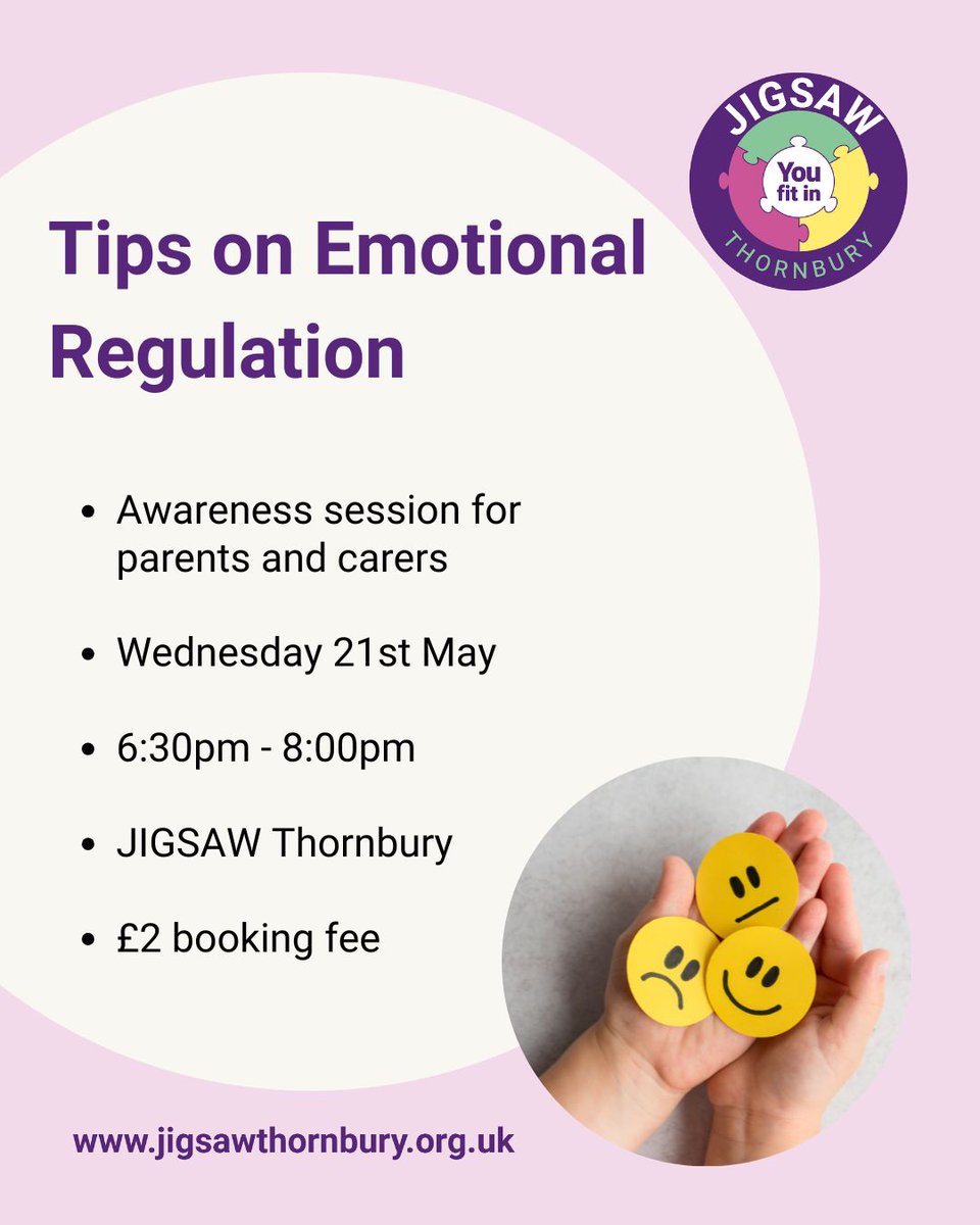 Emotion regulation is the ability to manage our emotions. Join us for a parents and carers awareness session 
👉 Tips on Emotional Regulation 
📅 Wednesday 21st May 
⏰ 6:30pm - 8:00pm 
📍 JIGSAW Thornbury, St Mary Centre, BS35 2AB.
🔗 buff.ly/lVMDwtM