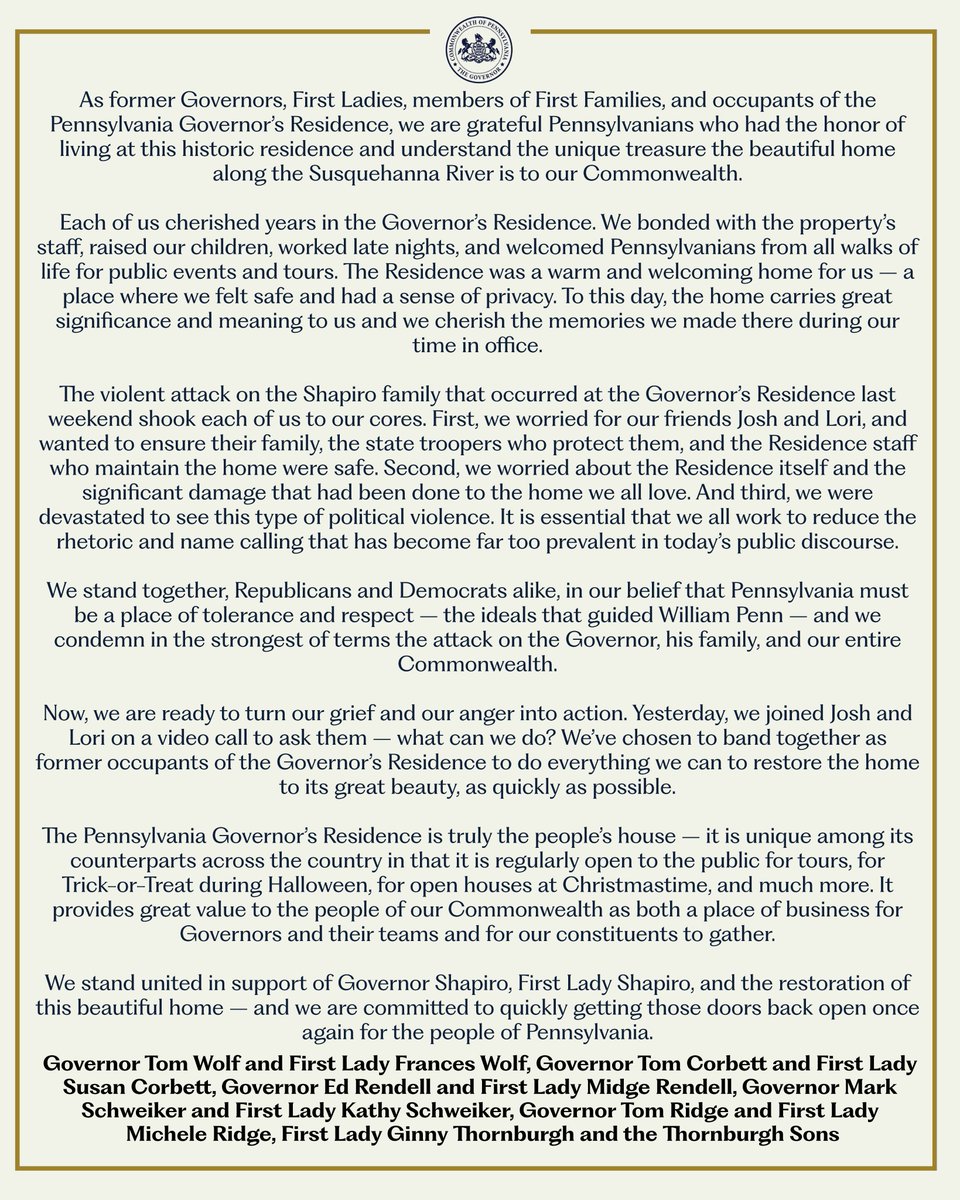 A statement from Former Governors, First Ladies, and First Families of the Commonwealth of Pennsylvania:
