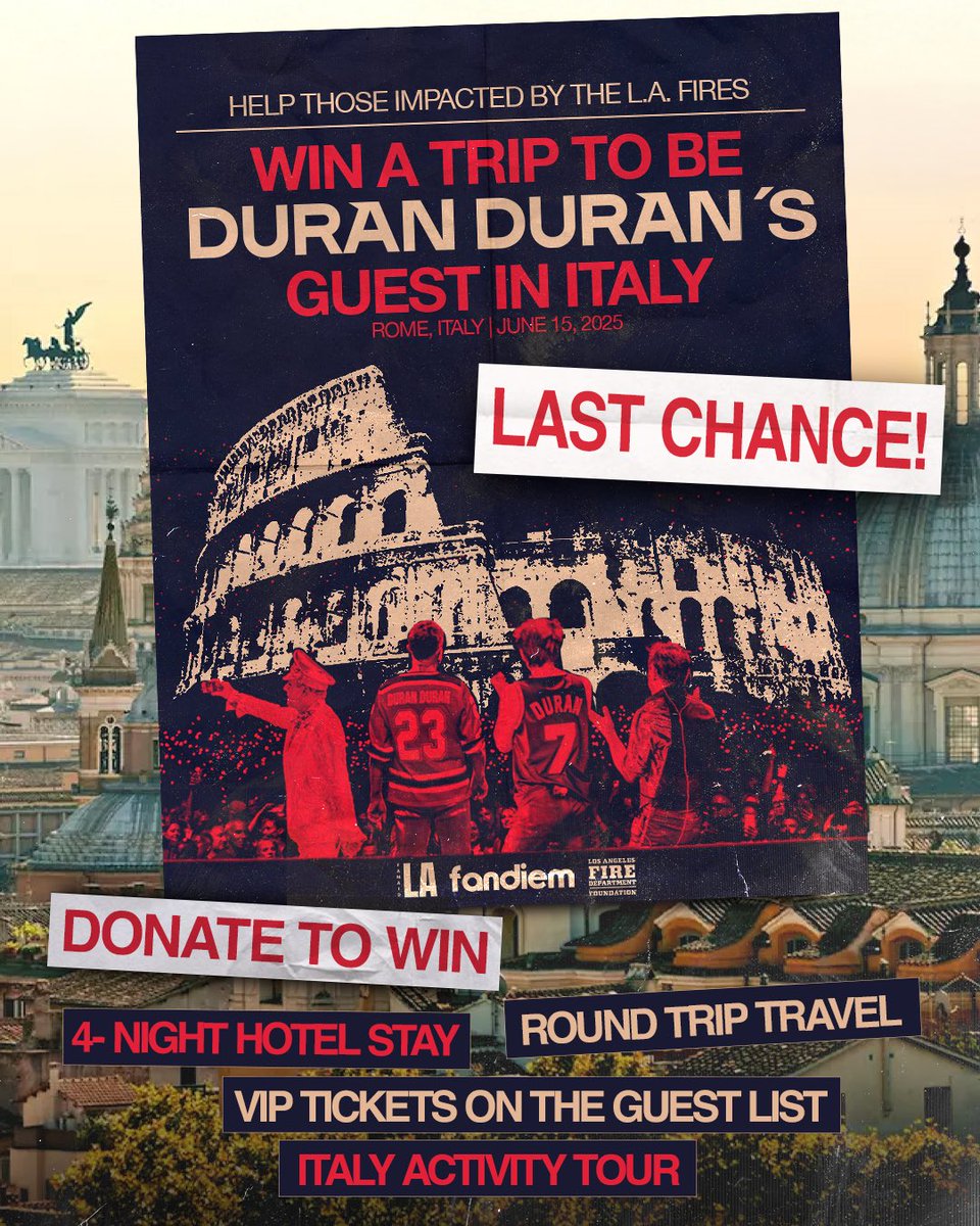 LAST CHANCE to win a trip to see Duran Duran in Rome, Italy!

Donate now to support <a href="/LAFDFoundation/">LAFD Foundation</a> using code "ITALY100" for 100 bonus entries at checkout before the sweeps ends April 23 at 11:59pm PT.

Donate to Win: fandiem.com/duranduran

<a href="/winwithfandiem/">Fandiem</a>