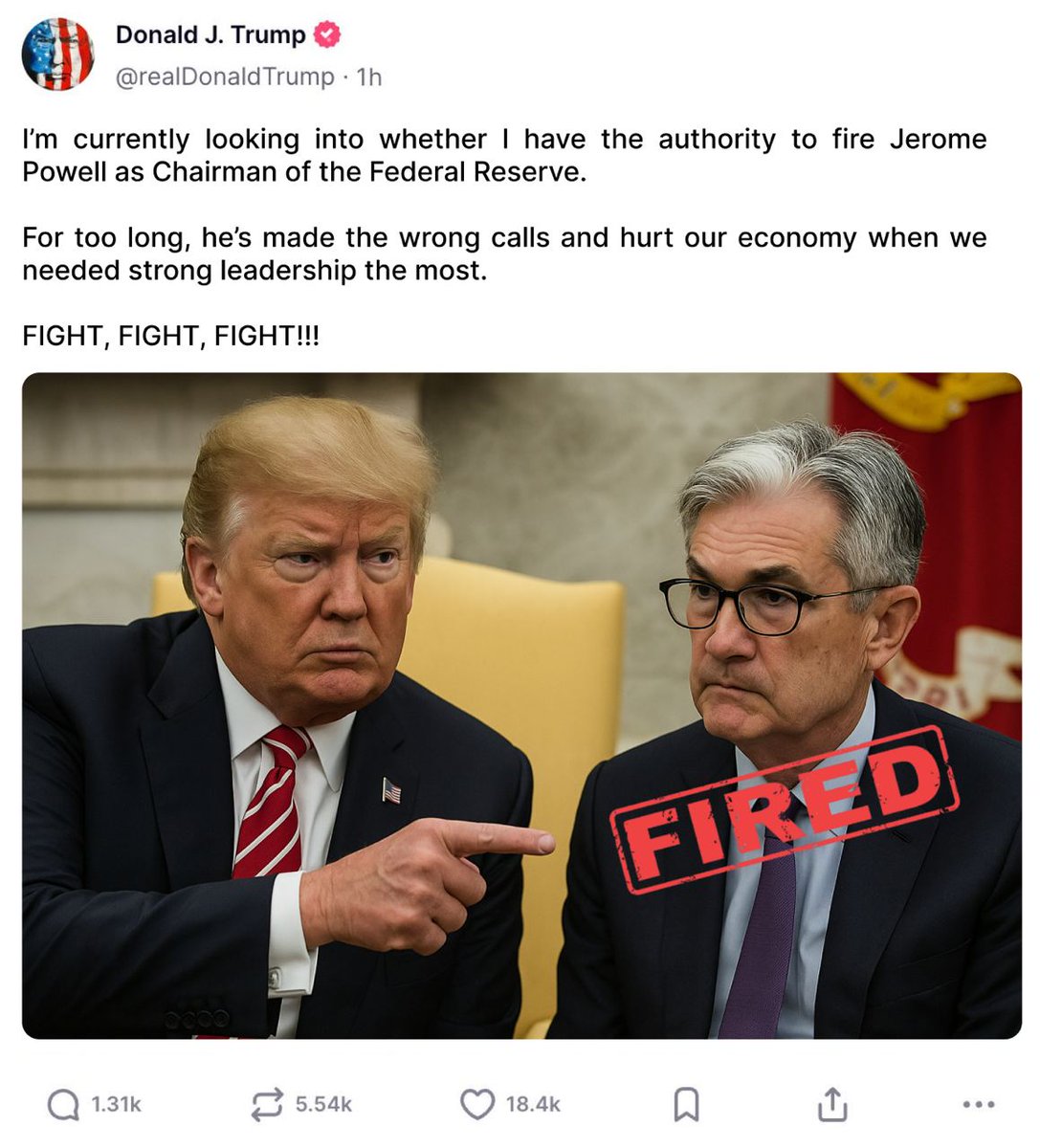 crptAtlas's tweet photo. 🚨 Trump will fire Jerome Powell on April 31

In May, Rates will be cut and BTC will hit $150K

This isn’t my theory, it’s Trump’s official statement

Here’s his secret plan and when the bull run starts👇🧵 https://t.co/3hKYbG2ojY