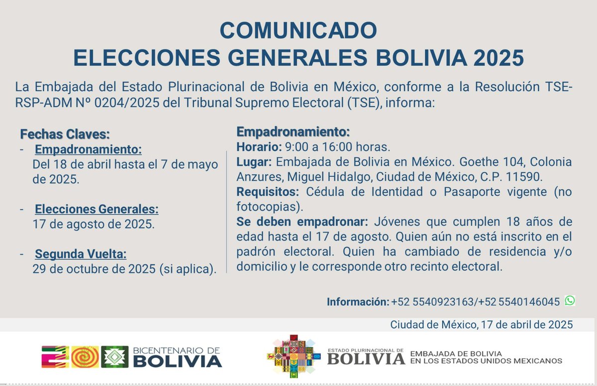 EmBolMexico's tweet photo. Comunicamos a las bolivianas y los bolivianos residentes en México, que el personal del Órgano Electoral Plurinacional iniciará el empadronamiento masivo desde el 21 de abril hasta el 7 de mayo de 2025, impostergablemente. https://t.co/ISLxUMyCjC