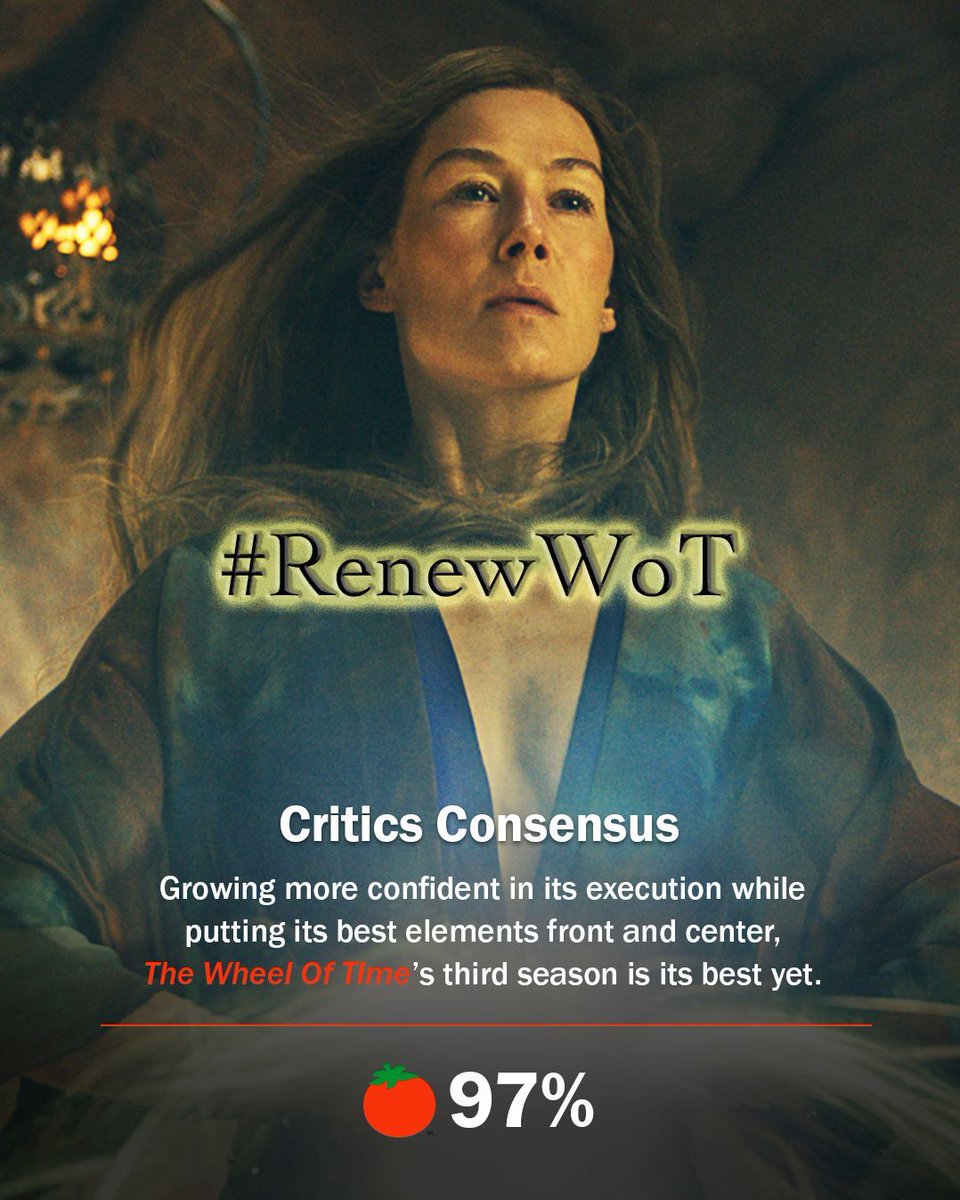 Critics Consensus: season 3 is #TheWheelOfTime's best yet. This is one reason why we want @jeffbezos <a href="/ajassy/">Andy Jassy</a> <a href="/SPTV/">Sony Pictures Television 📺</a> <a href="/PrimeVideo/">Prime Video</a> <a href="/AmazonMGMStudio/">Amazon MGM Studios</a> <a href="/SonyPictures/">Sony Pictures</a> to #RenewWoT

We are grateful for what we have, and we want it to continue!