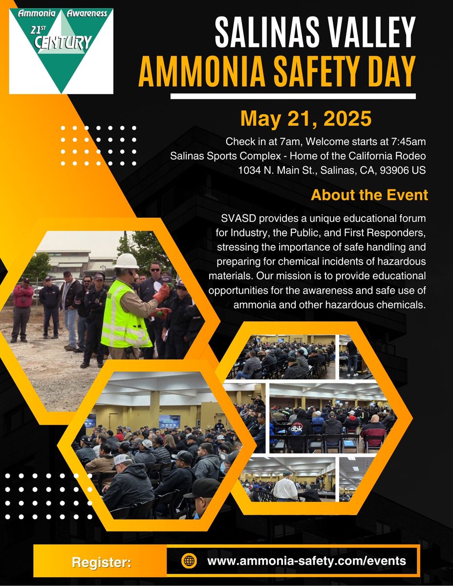 ASTI831's tweet photo. Join us for the Salinas Valley Ammonia Safety Day on May 21 at the Salinas Sports Complex.

This educational forum brings together Industry, Public, and First Responders to provide educational opportunities for the awareness and safe use of ammonia and other hazardous chemicals. https://t.co/r1PHGSdrG7