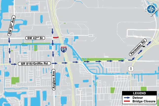 FLLFlyer's tweet image. #Roadclosure #Alert: From 8PM, Sunday, April 20, until 6AM Tuesday, April 22, the S.W. 42nd Street (Rogge) Bridge in Fort Lauderdale near #FLL will be closed for #FDOT maintenance. Watch for the detour signs directing motorists to an alternate route via Griffin Road and Perimeter