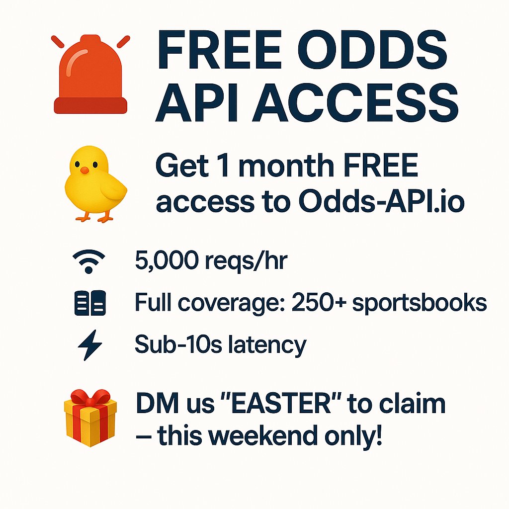 🚨 FREE ODDS API ACCESS 🐣

Get 1 month FREE access to odds-api.io

📡 5,000 reqs/hr
📚 Full coverage: 250+ sportsbooks
⚡ Sub-10s latency
🎯 Player Props included

🎁 DM us "EASTER" to claim — this weekend only!