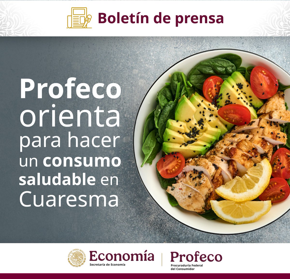 #BoletíndePrensa Para seguir las tradiciones, no es necesario desembolsar cantidades de dinero que estén fuera del presupuesto de las personas consumidoras; por lo tanto, la Profeco orienta para hacer un consumo saludable e informado en #Cuaresma . 

La dependencia recomienda