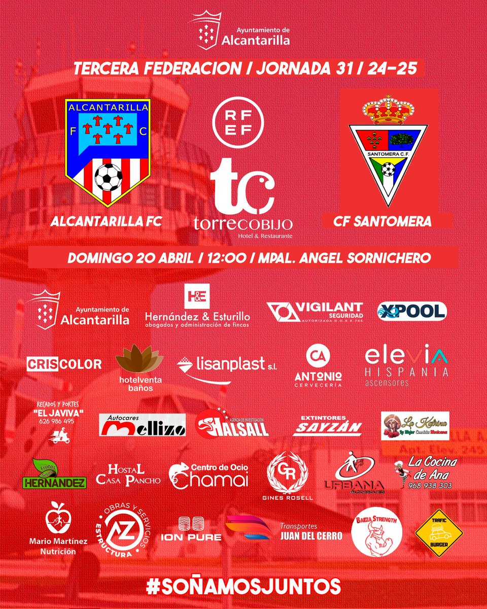 AlcantarillaFC's tweet photo. ⚽ 𝗧𝗘𝗥𝗖𝗘𝗥𝗔 𝗥𝗙𝗘𝗙

🏆 Jornada 29
🆚 @CFSantomera1
🏟️ Mpal. Ángel Soenichero
📅 Domingo 20 de Abril
⏰ 12:00 horas

⚪🔴🪽

#SiSePuede https://t.co/bdmTOHmpDV