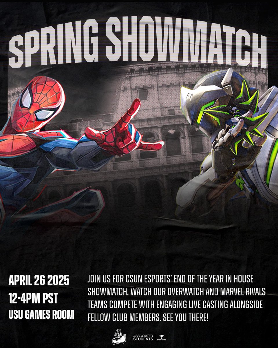 Spring Showmatch 🎉🎈

Come watch the in house between our Marvel Rivals and Overwatch team on April 26th, 2025 at 12-4PM PT @ the USU Games Room. There will be live casting for the matches and food for all attendees! ⭐️

#CSUNEsports | #EnterTheRing | #Overwatch2 | #MarvelRivals