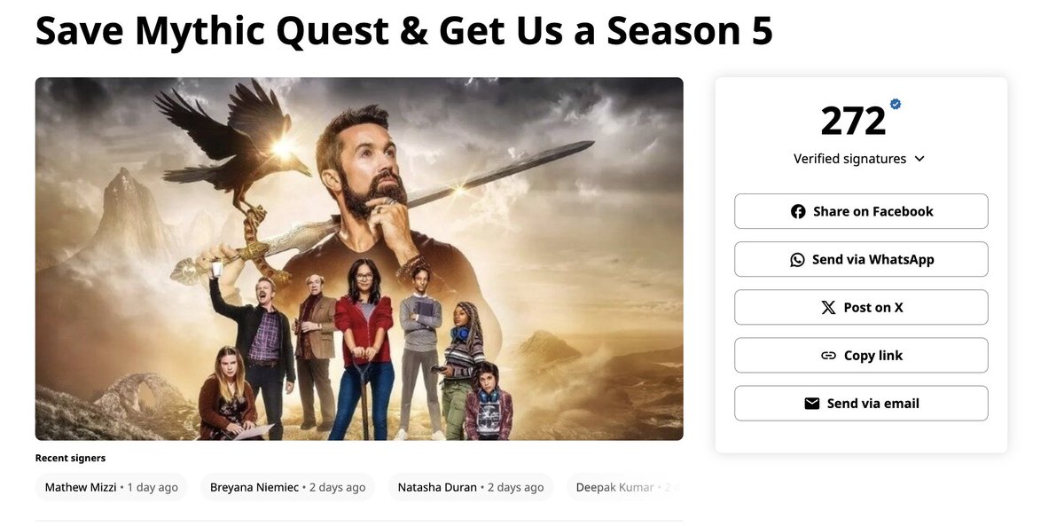 SaveMythicQuest's tweet photo. The petition to save Mythic Quest is at 272 signatures so far! Let's see if we can get it to 300!

https://t.co/YjEogM05PS

#mythicquest #SaveMythicQuest #mythicquestseason4 #AppleTV https://t.co/9FGI4yQ31H