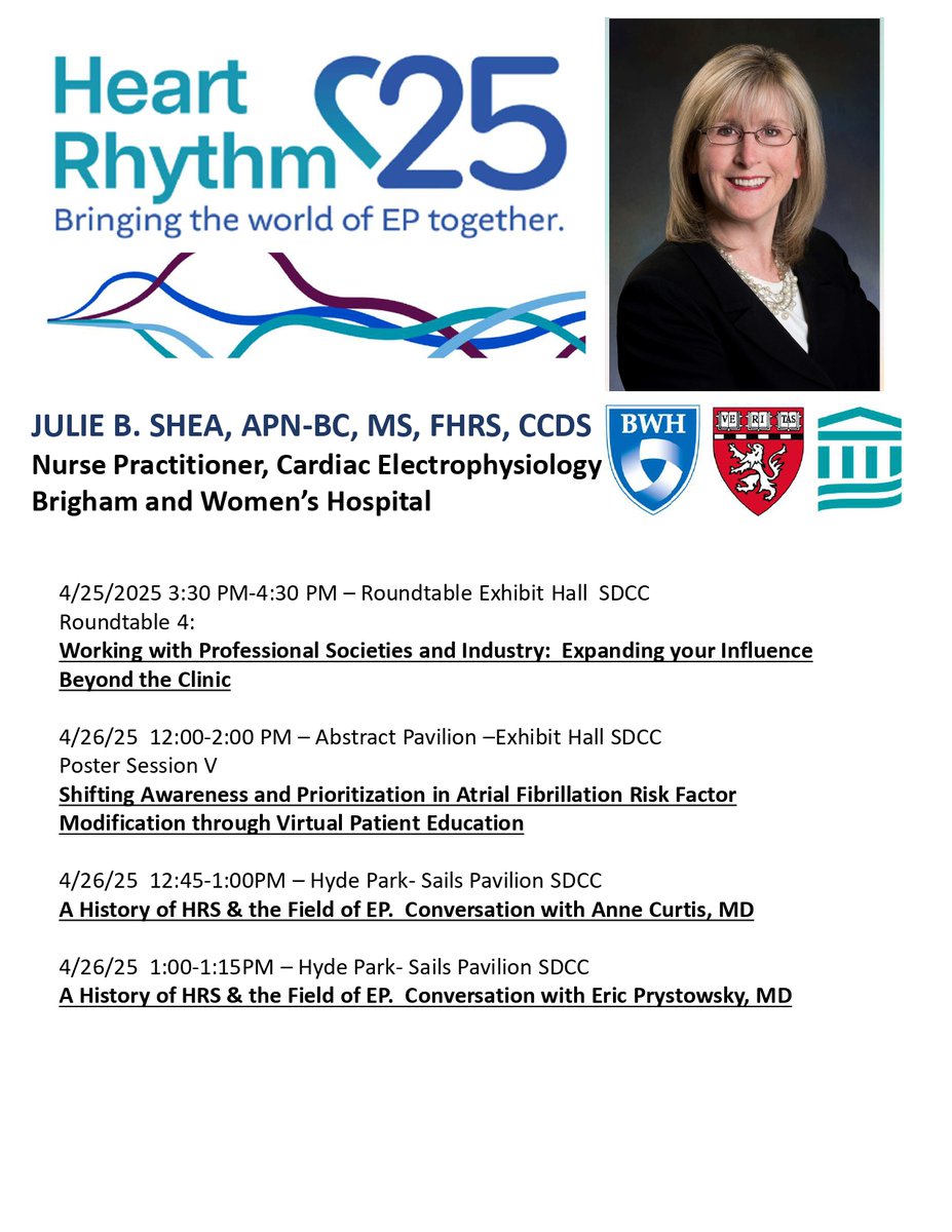 Brigham EP (@brigham_ep) on Twitter photo Brigham EP’s Julie Shea, NP <a href="/Ariat104/">Julie Shea, NP</a> is headed to #HRS2025! 🫀
Catch her at:
📍 Roundtable 4 – Expanding your influence beyond the clinic
📍 Poster Session V – AFib risk reduction through virtual education
📍 Hyde Park – Conversations on the history of EP
#HeartRhythm25 Brigham EP’s Julie Shea, NP <a href="/Ariat104/">Julie Shea, NP</a> is headed to #HRS2025! 🫀
Catch her at:
📍 Roundtable 4 – Expanding your influence beyond the clinic
📍 Poster Session V – AFib risk reduction through virtual education
📍 Hyde Park – Conversations on the history of EP
#HeartRhythm25