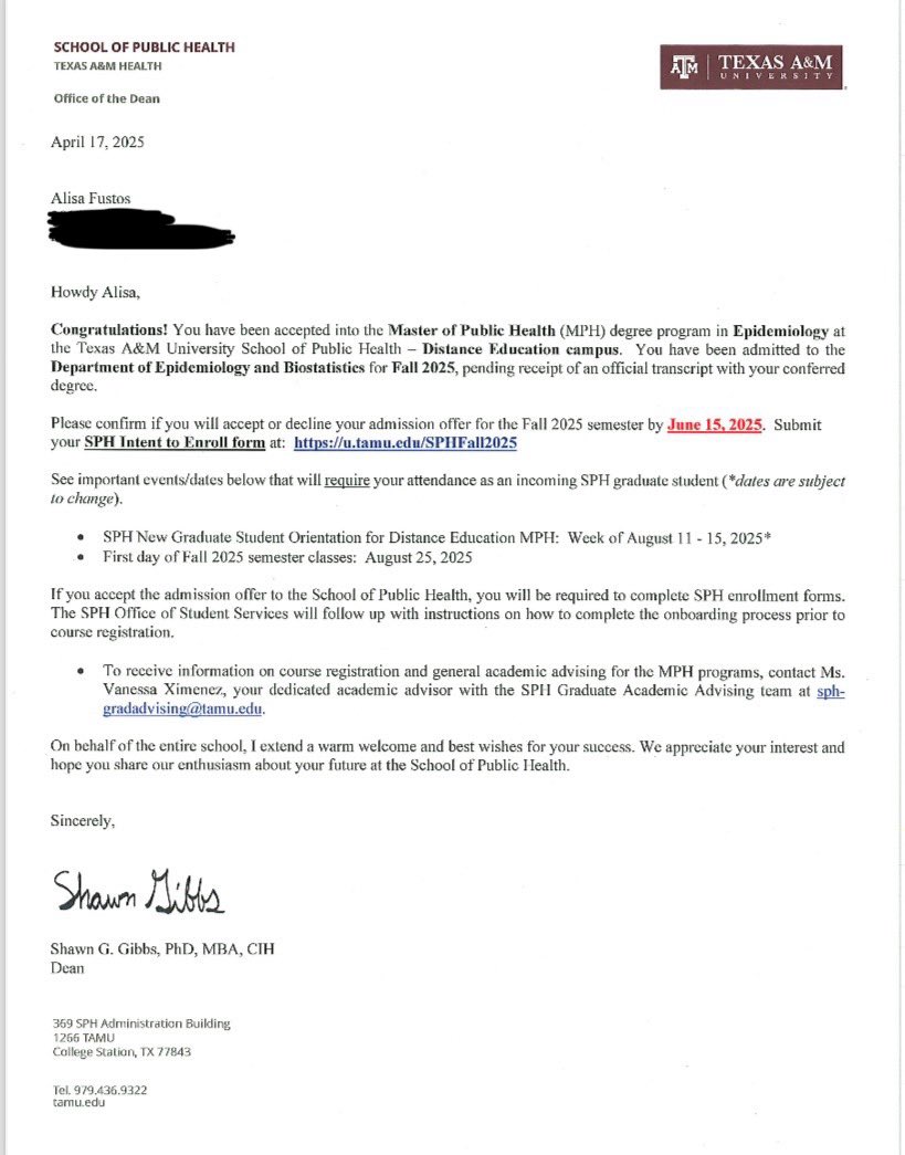 I am so excited to share my acceptance into the MPH in Epidemiology program at Texas A&amp;M University! 🎉🦠🧫

Gig ‘em👍🏻