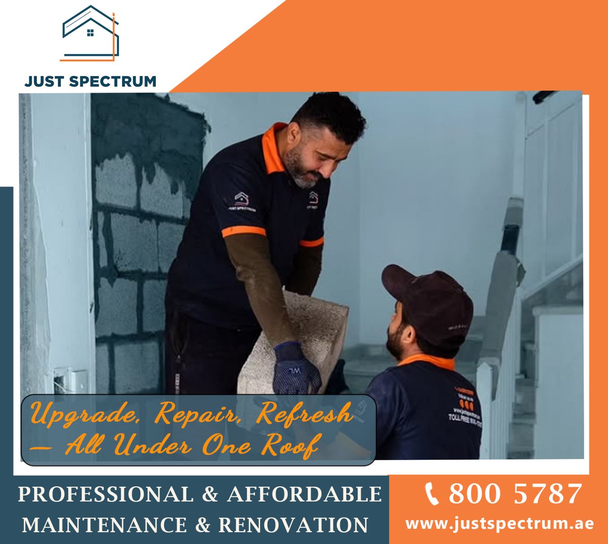 AeJustspectrum's tweet photo. Keeping your #property in top shape has never been easier with our #Professional and #affordable #Maintenance and #renovation #services in #Dubai . At #JustSpectrum, we specialize in everything from minor #repairs to complete #transformations.

https://t.co/rRPUByTNtj https://t.co/I6U6ChOIRG
