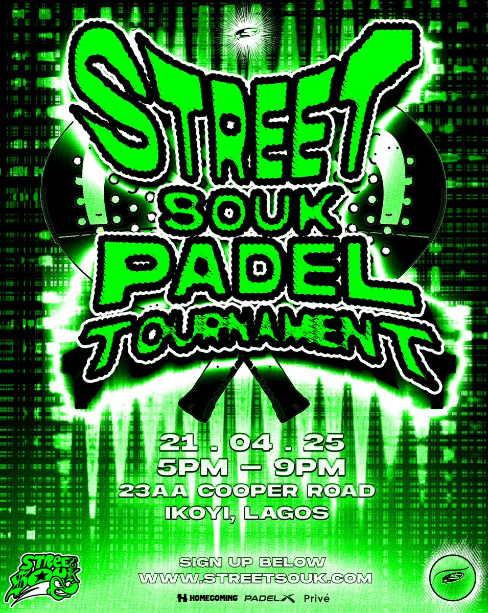Kicking off our first official tournament by introducing our community to one of the fastest-growing sports in the world.

See you at Street Souk’s first ever Padel Tournament. Let’s rally

🗓️ April 21st 2025
🕑 5PM - 9PM
📍 23AA Cooper Road, Ikoyi, Lagos

Sign up link in bio!