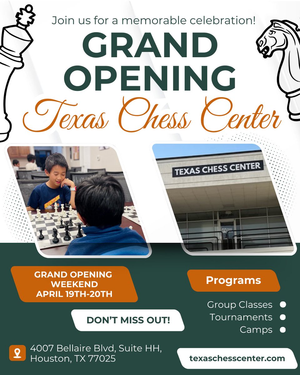 TXChessCenter's tweet photo. Join us for our TCC-Bellaire Grand Opening this Weekend! 🎉💥
April 19th-20th

Want more information? Give us a call! 469-498-7296 https://t.co/925nGgZJhG
