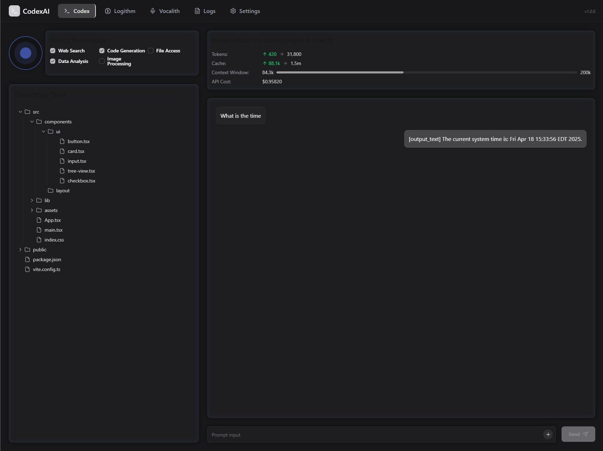 Turning Codex into an automated cloud AI-based code editor. Interface is mostly non functional, but I have successfully attached the chat window and prompt input to codex. Next goal is connecting the working directory as well as tracking token usage.