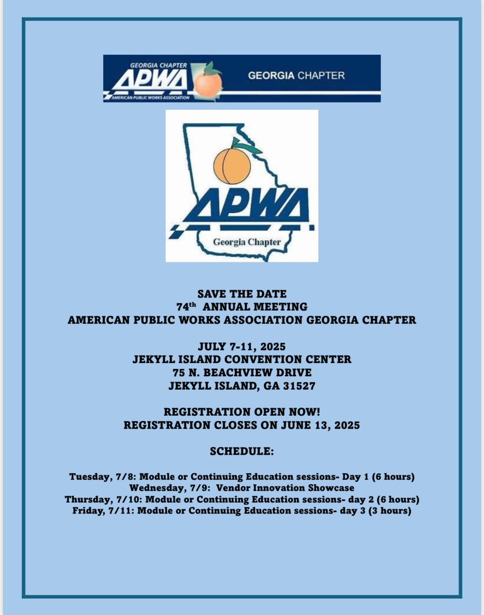 Registration is now open for the 74th Annual APWA Georgia Annual Meeting in Jekyll Island. 

To register for the conference, please go here: outreachregistration.uga.edu/portal/events/…

Registration closes on June 13th so please make your reservations today!