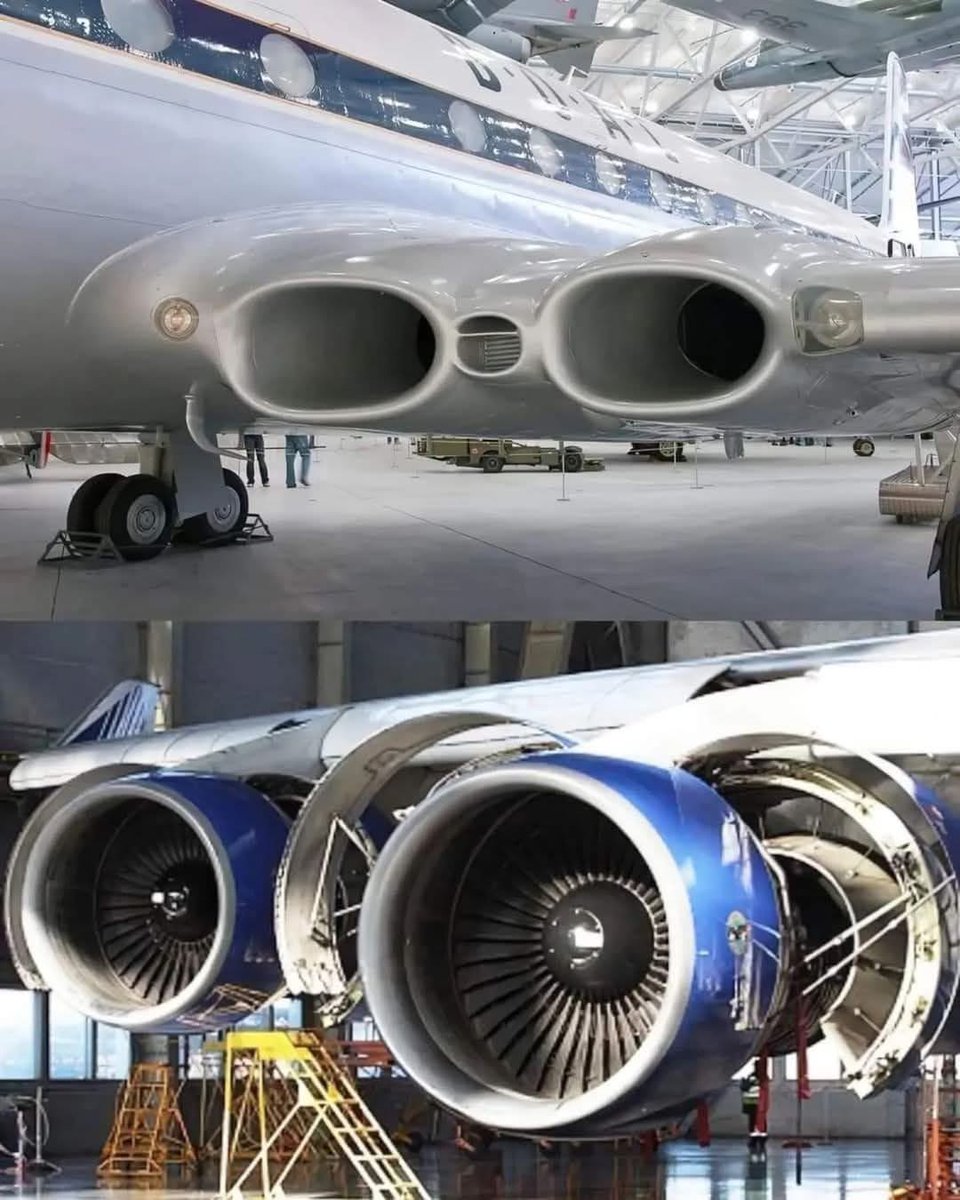 airmainengineer's tweet image. From the classic elegance of the de Havilland Comet to the raw power of modern high-bypass turbofan engines, aviation has come a long way! ✈️🔥 The first image shows the sleek, buried-engine design of the Comet, the world's first jet airliner, while the second showcases the…