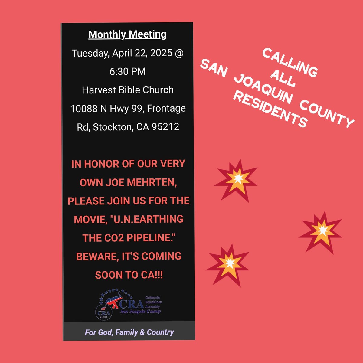 SJCRA_'s tweet photo. Join us!
Learn about local/state legislation, our Constitution, and ways to protect your family.
#stocktonca #lodica #tracyca #riponca #lathropca #escalonca #mantecaca #mountainhouseca #California #MCGA https://t.co/HKIRhj4jRE